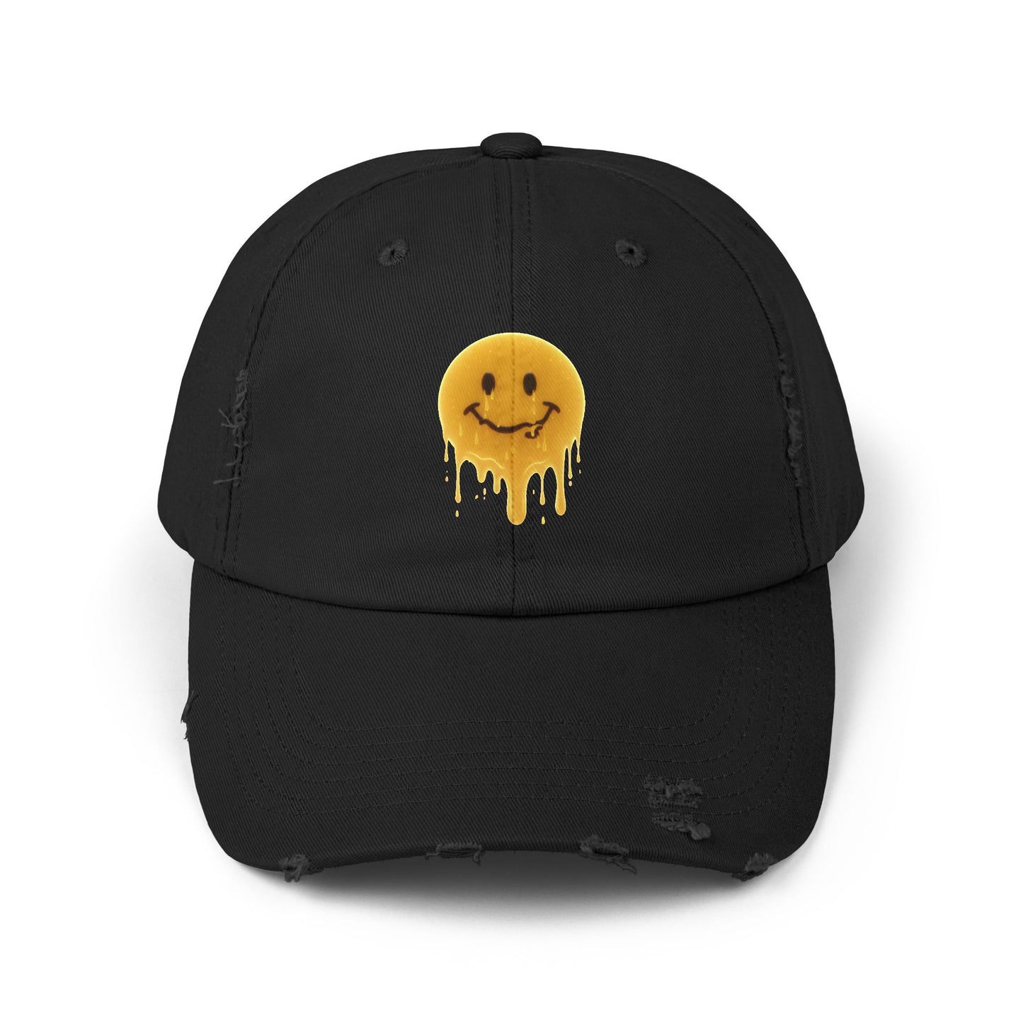 Distressed Melting Smiley Cap — Grunge Drip Dad Hat Hats Printify Black One size