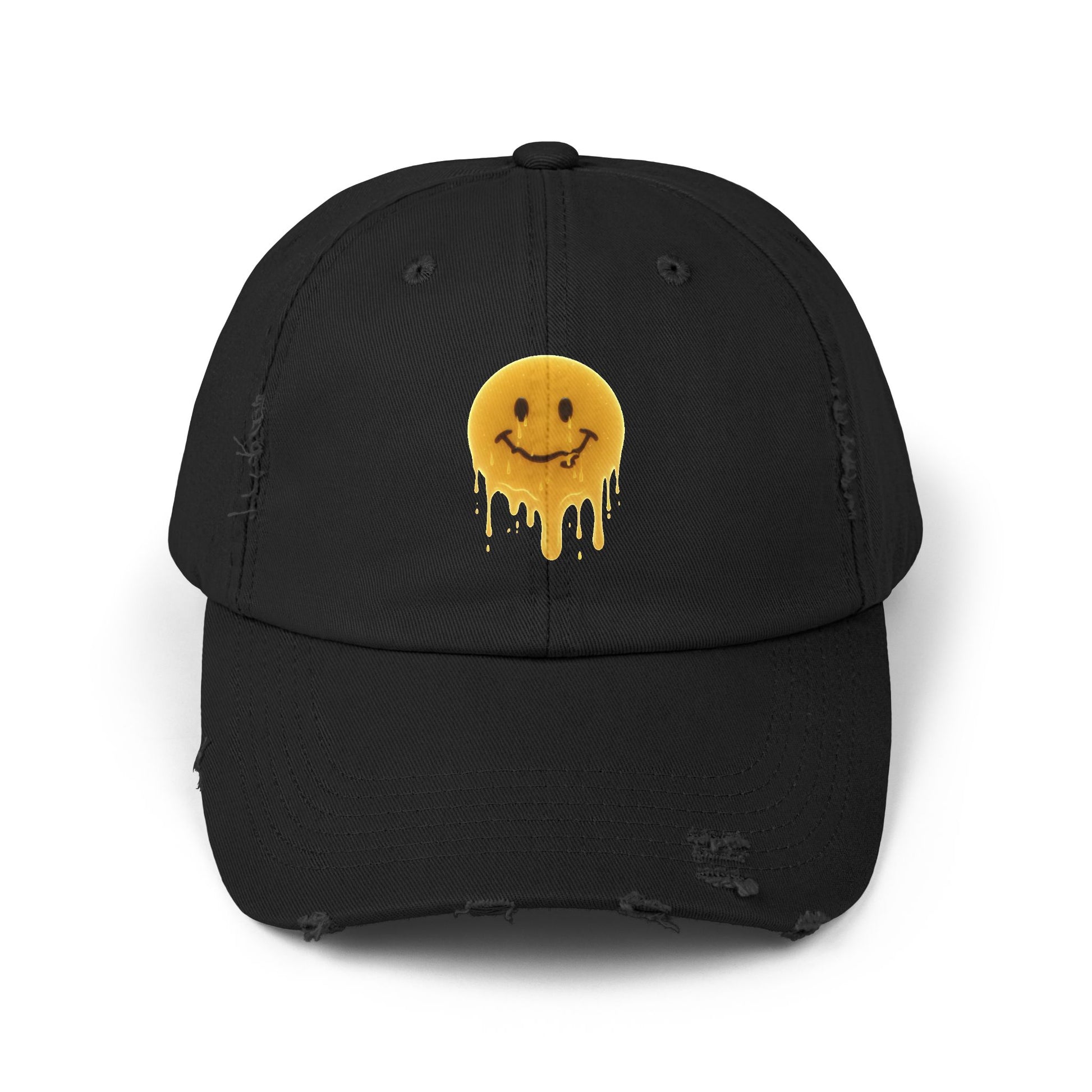 Distressed Melting Smiley Cap — Grunge Drip Dad Hat Hats Printify Black One size