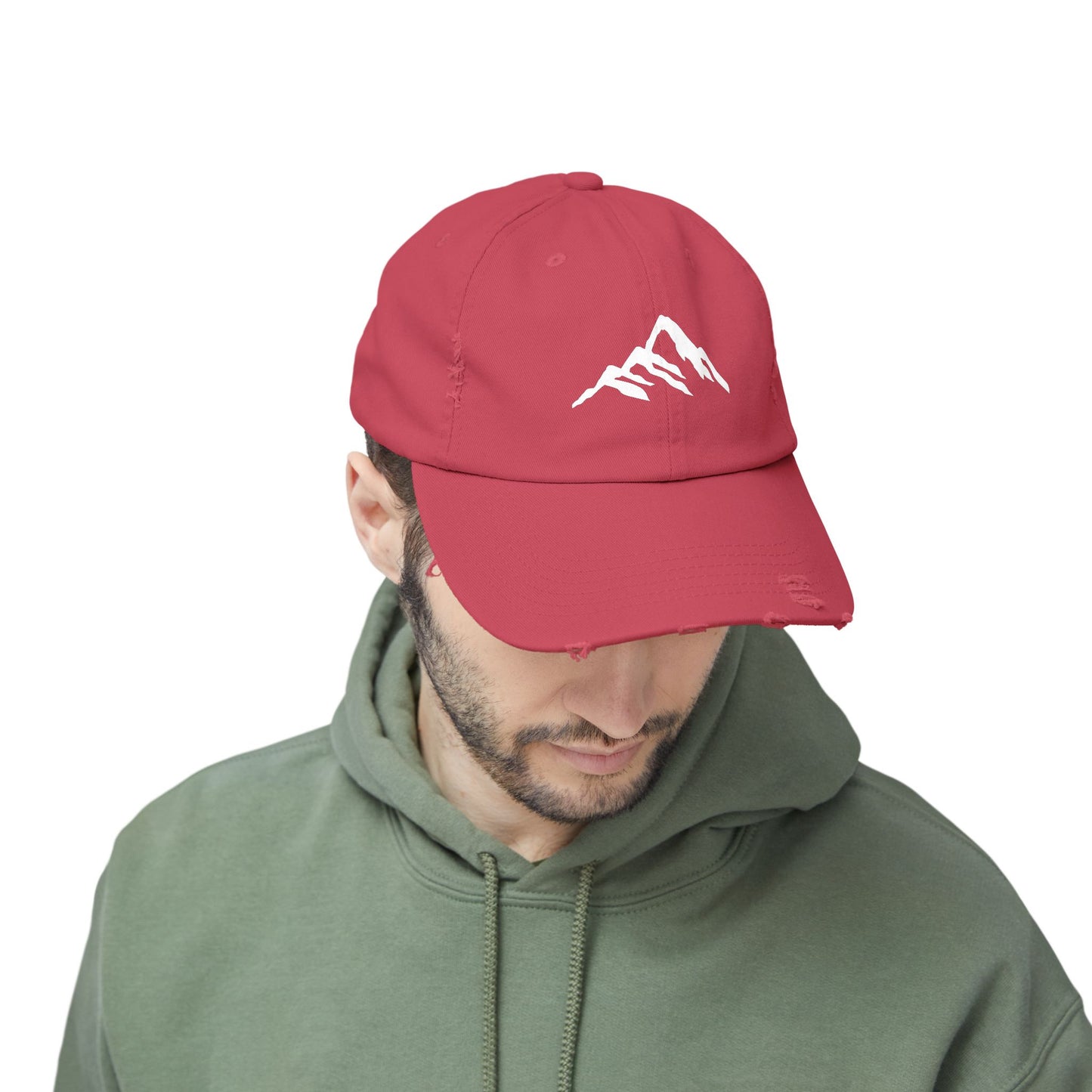 Distressed Mountain Hat — Minimal White Peak Embroidered Cap