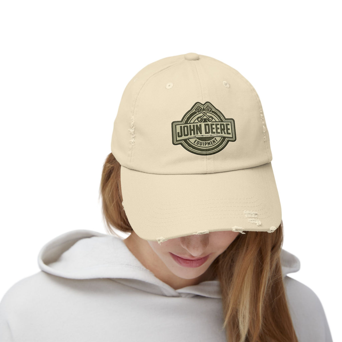 Distressed John Deere Logo Cap — Vintage Farm Equipment Baseball Hat Hats Printify