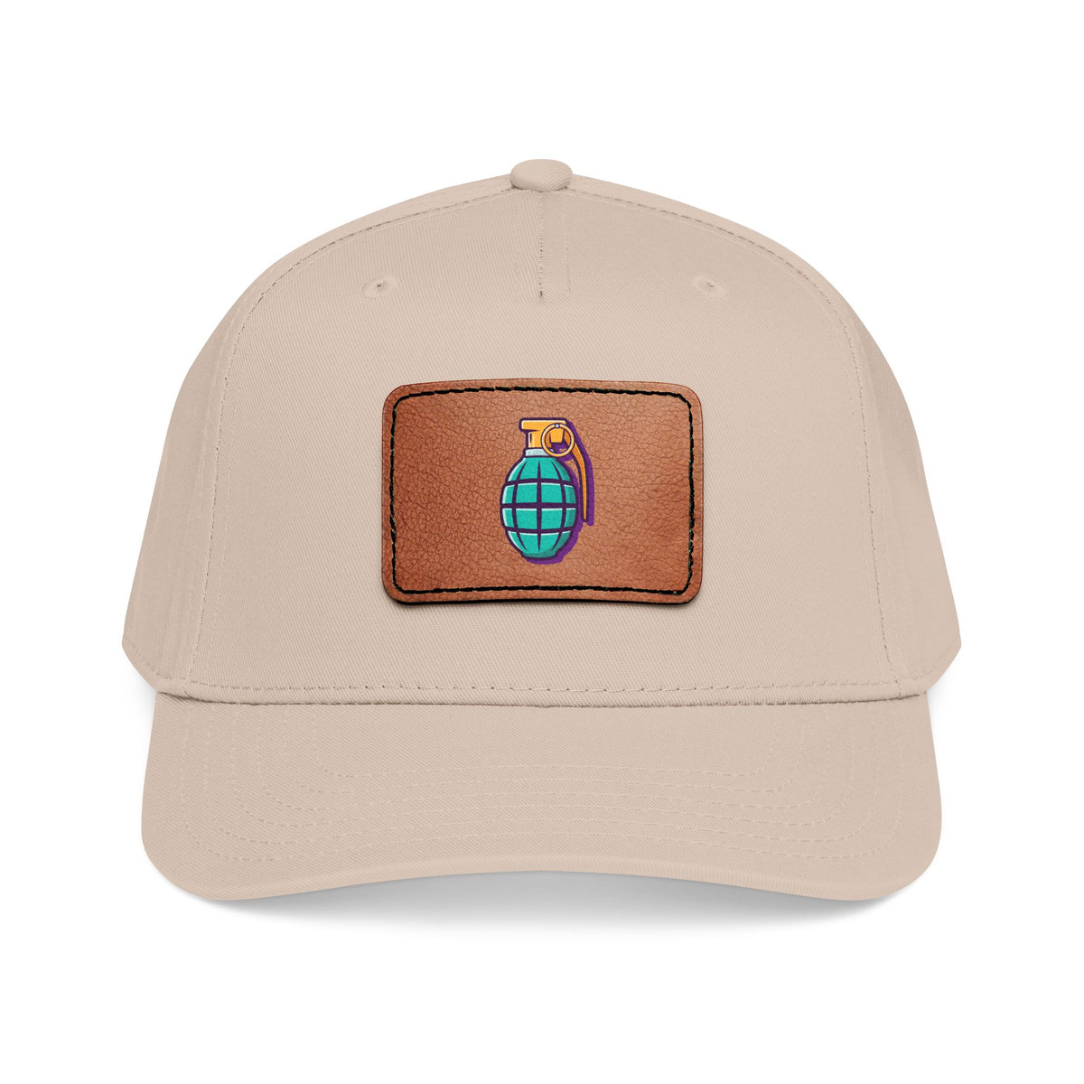 Leather Patch Baseball Cap — Retro Grenade Patch Hat Hats Printify One size Khaki / Light Brown patch Rectangle
