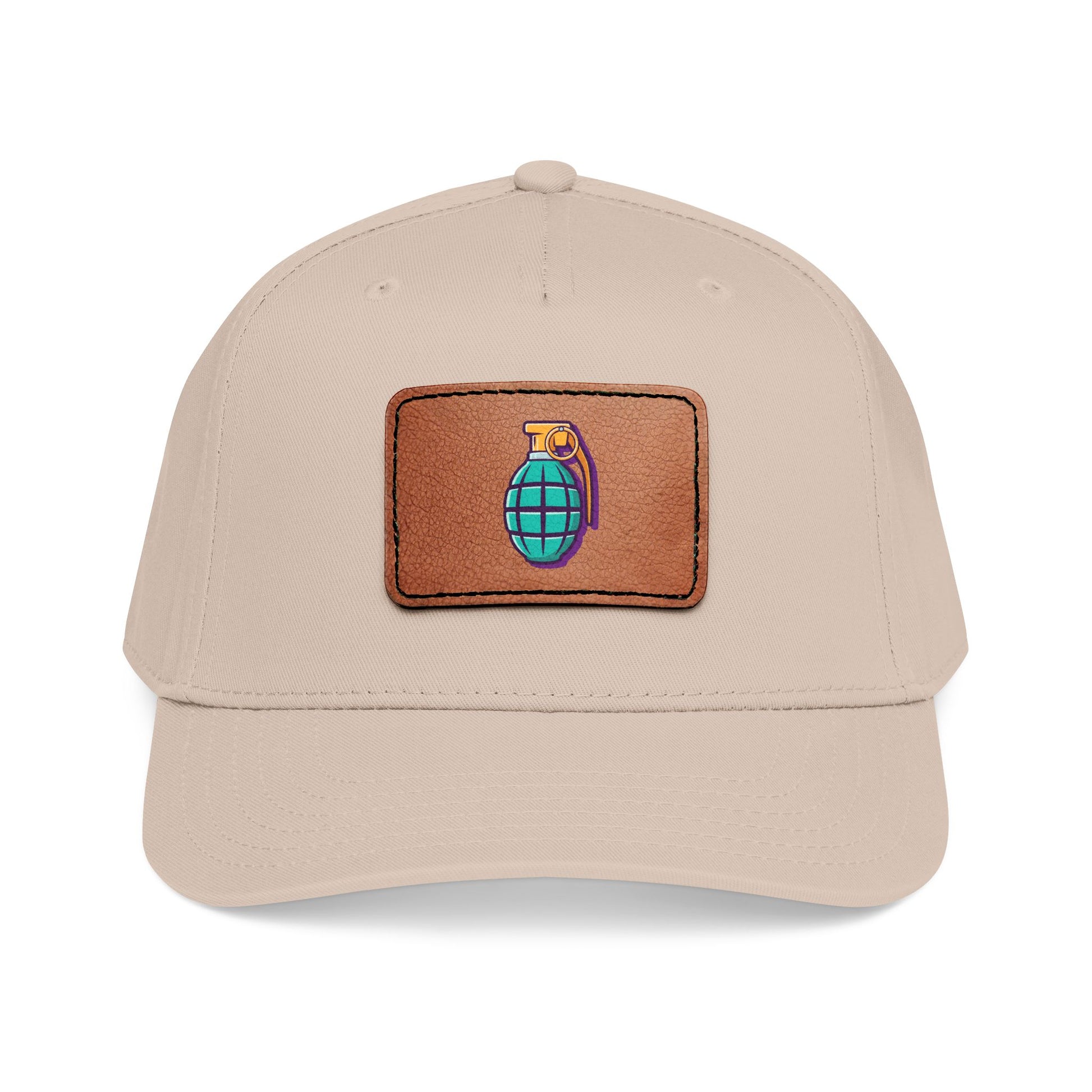 Leather Patch Baseball Cap — Retro Grenade Patch Hat Hats Printify One size Khaki / Light Brown patch Rectangle