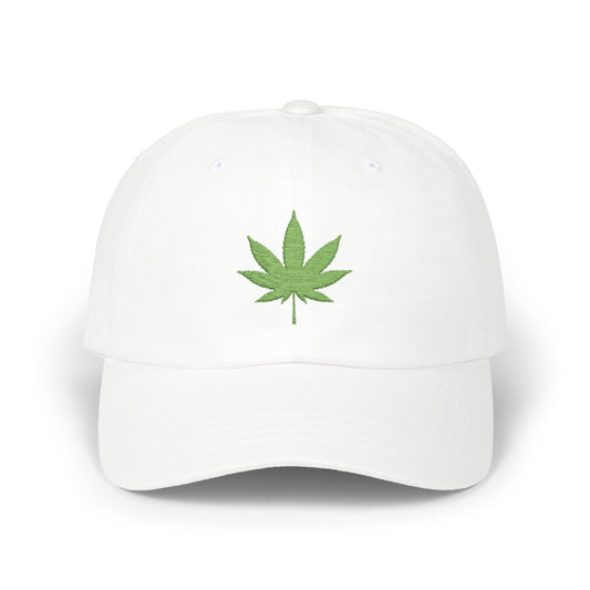 Classic Dad Cap – Embroidered Green Cannabis Leaf Baseball Hat Hats Printify White One size
