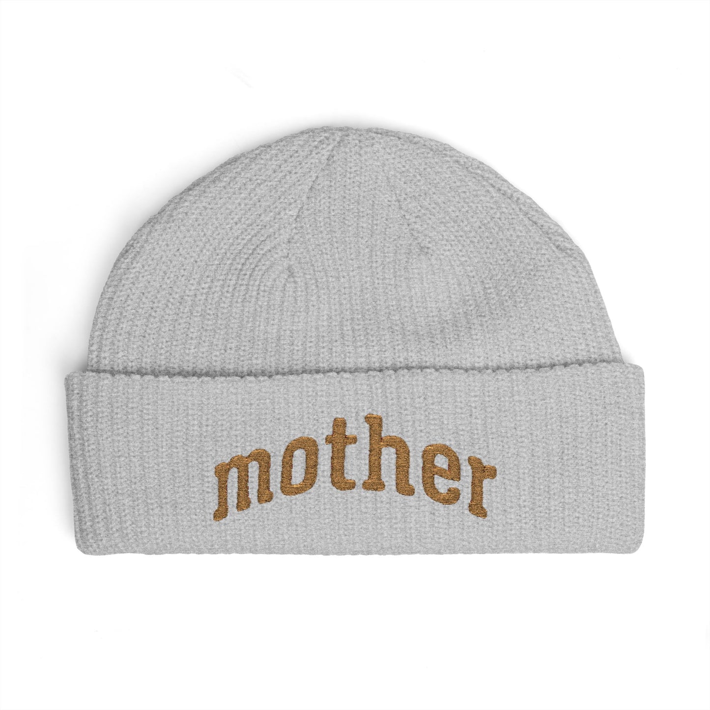 Mother Cuff Beanie — Gold Glitter Embroidered Knit Hat for Moms