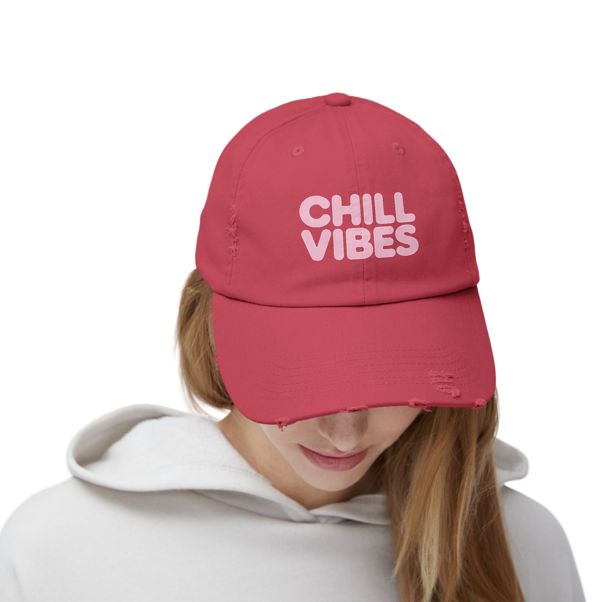 Chill Vibes Distressed Cap — Pink Text Casual Baseball Hat Hats Printify