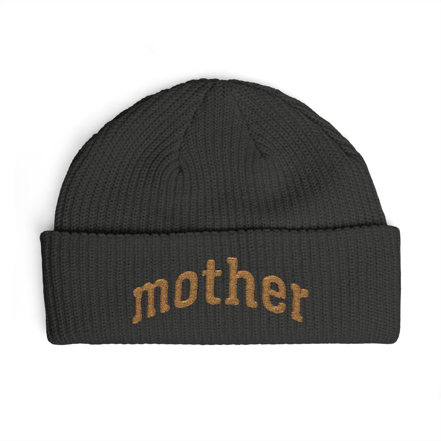 Mother Cuff Beanie — Gold Glitter Embroidered Knit Hat for Moms