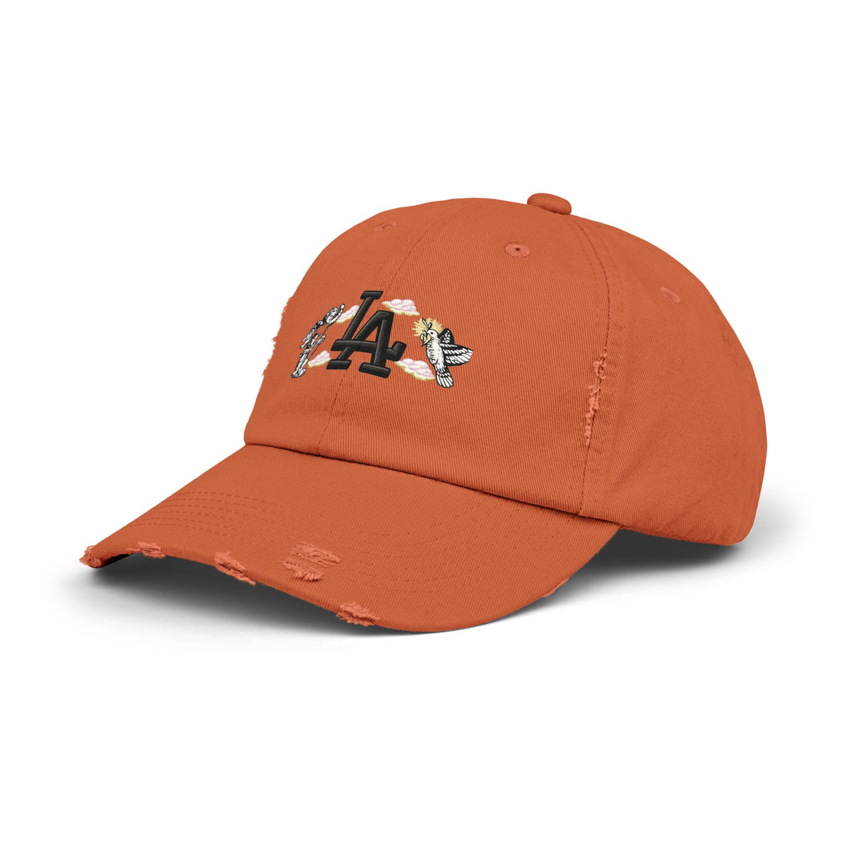 Distressed Baseball Cap — LA Logo with Angel Wings & Clouds Hats Printify
