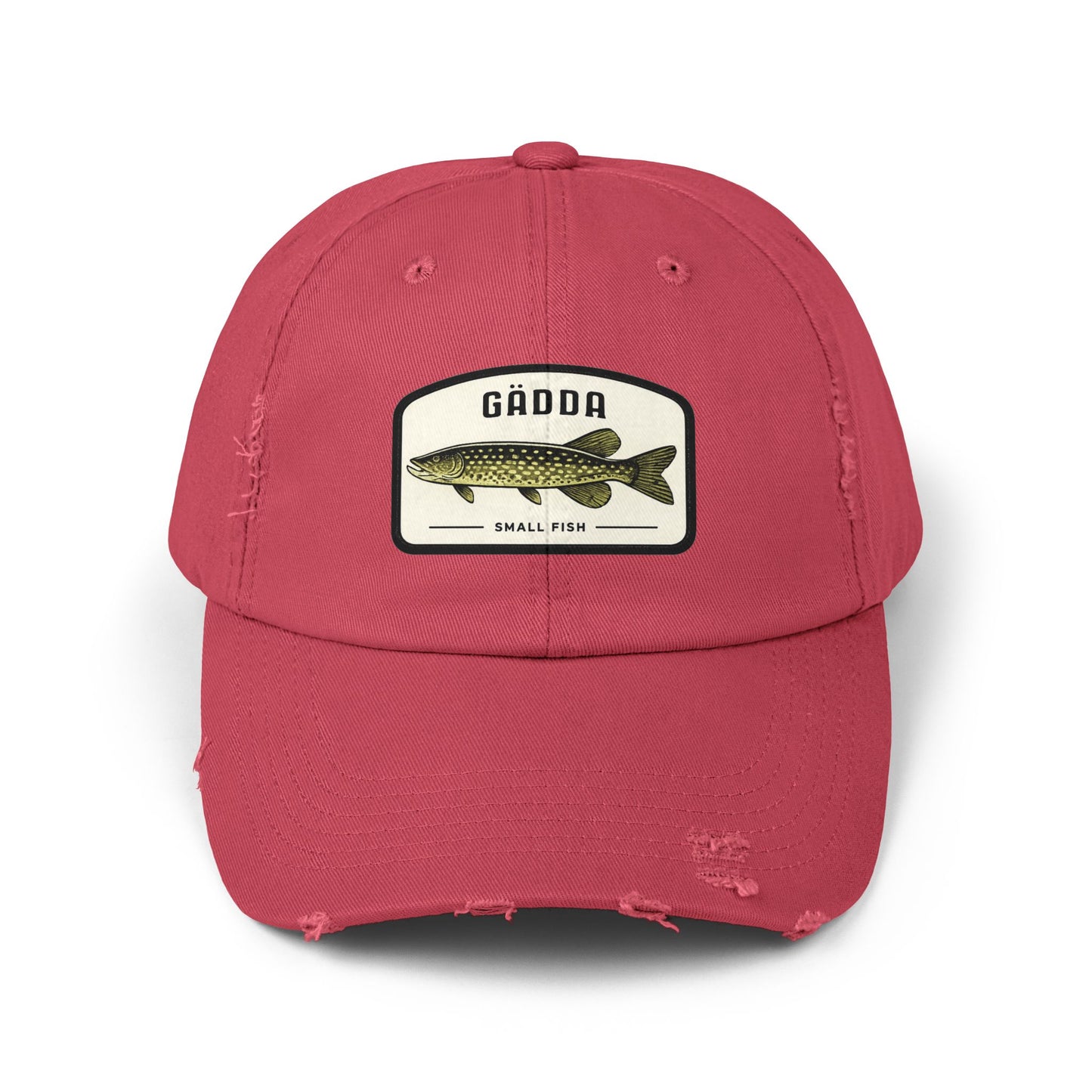 Fishing Hat – 'Gädda' Pike Patch Distressed Cap Hats Printify Dashing Red One size