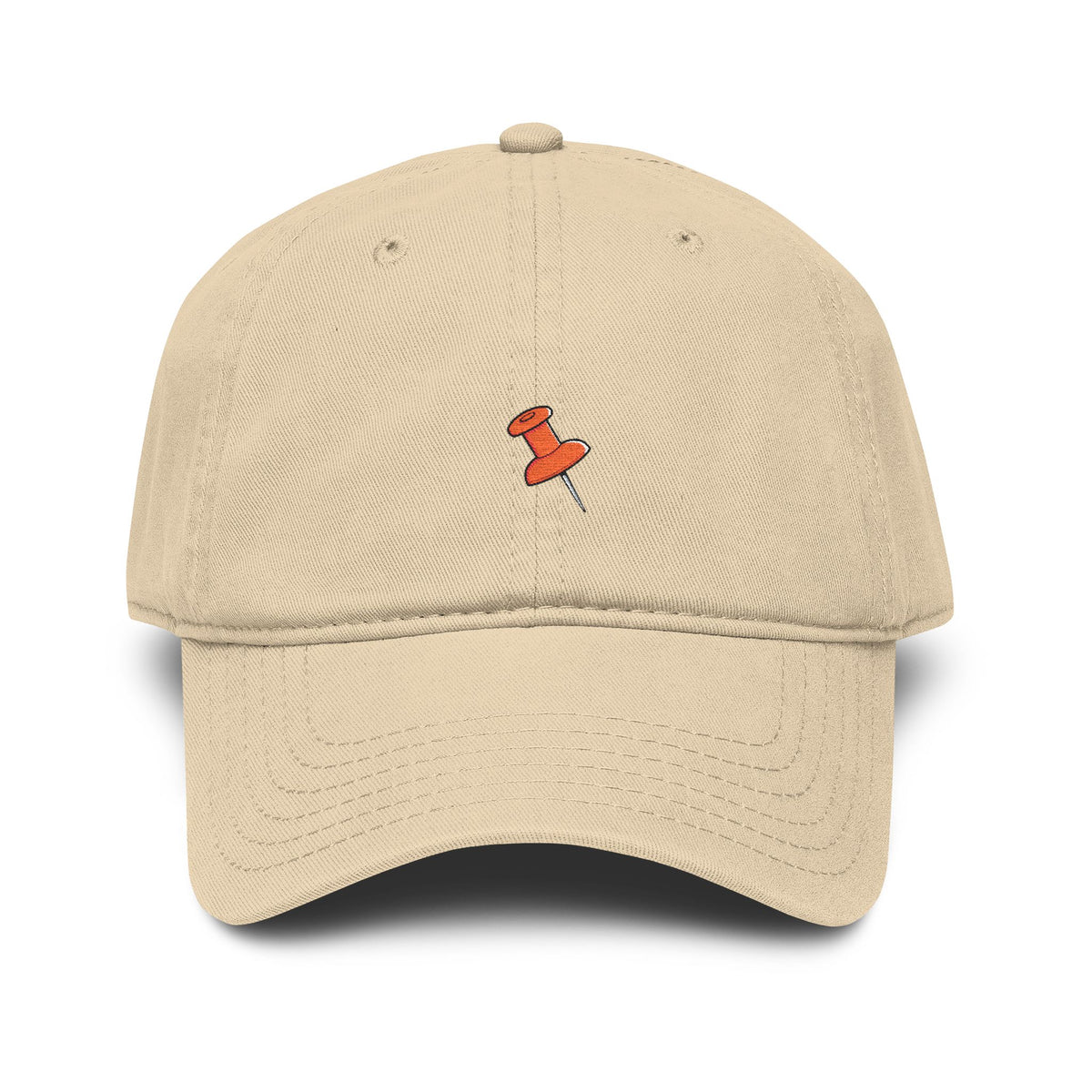 Washed Baseball Cap with Tiny Orange Pushpin Embroidery — Casual Everyday Hat Hats Printify One size Khaki