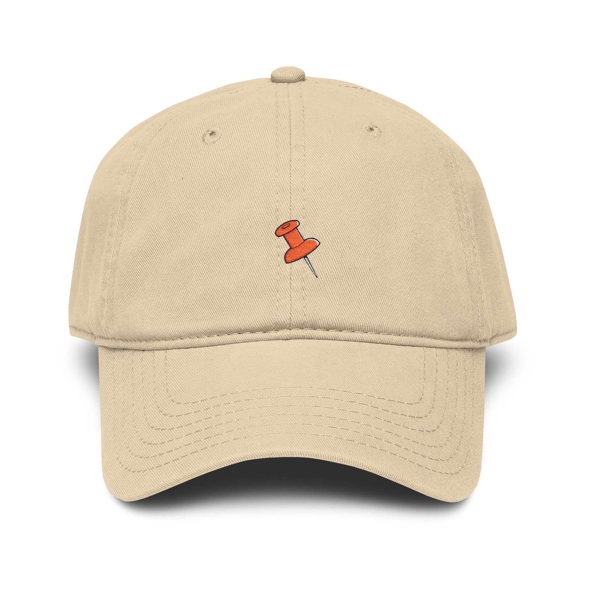 Washed Baseball Cap with Tiny Orange Pushpin Embroidery — Casual Everyday Hat Hats Printify One size Khaki