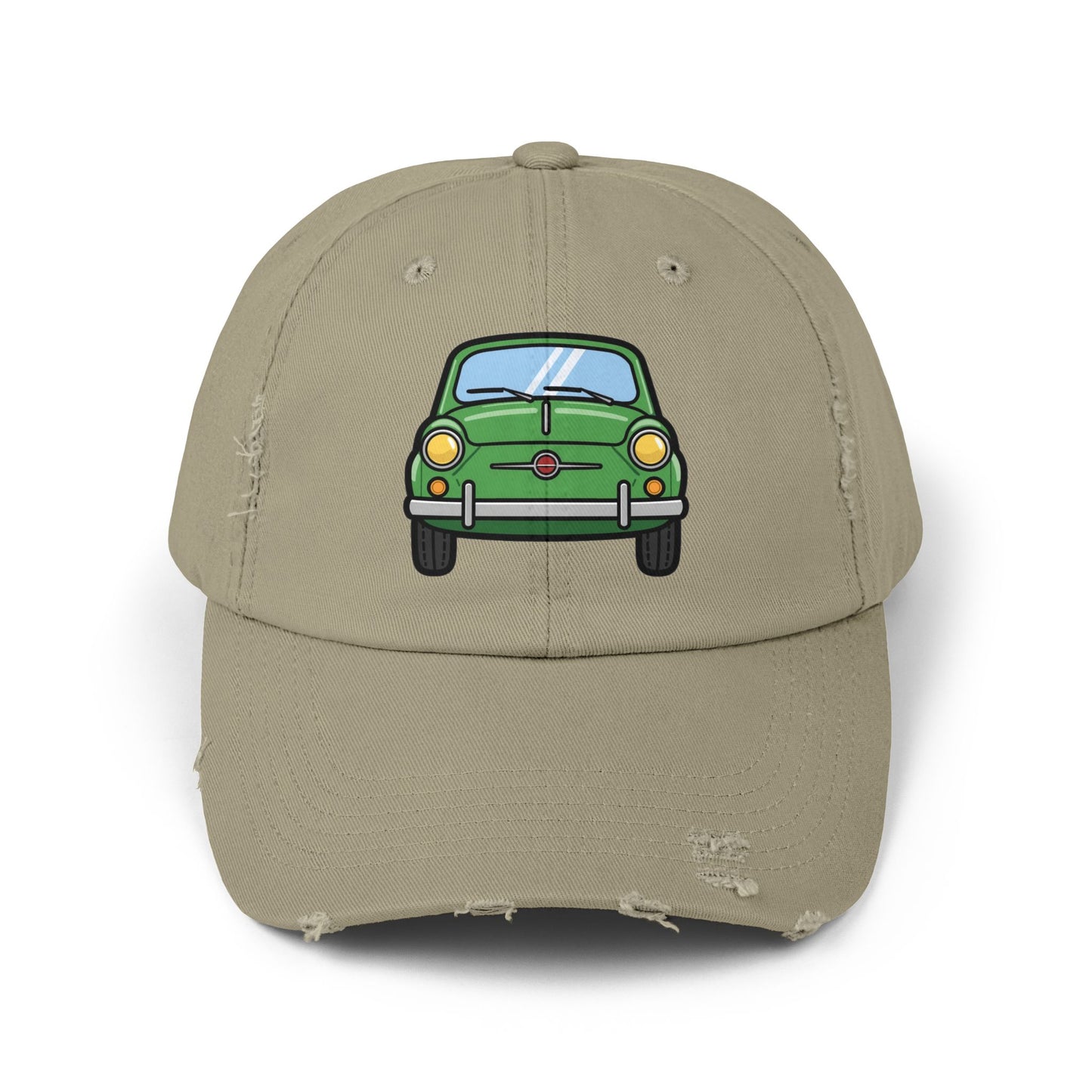 Distressed Cap — Retro Green Car Graphic Hat Hats Printify Light Olive One size