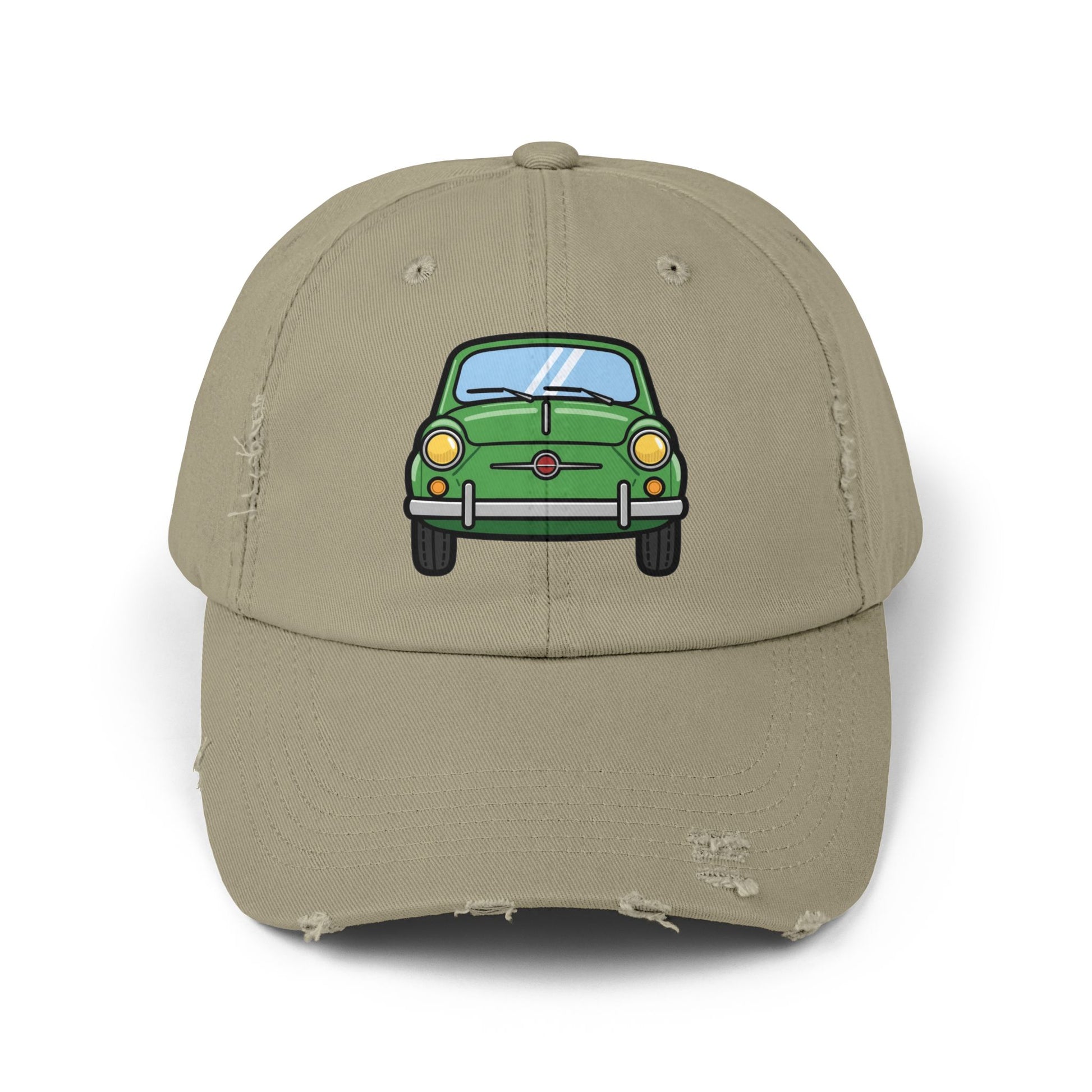 Distressed Cap — Retro Green Car Graphic Hat Hats Printify Light Olive One size