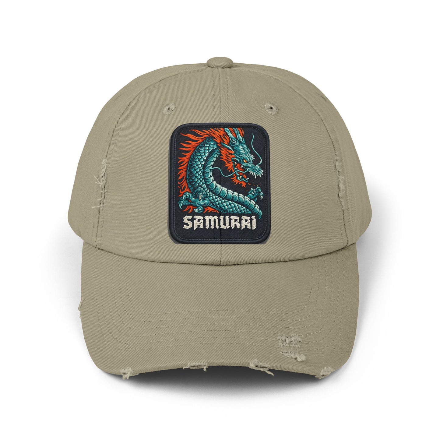 Distressed Samurai Dragon Cap — Vintage Retro Japanese Dragon Baseball Hat Hats Printify Light Olive One size