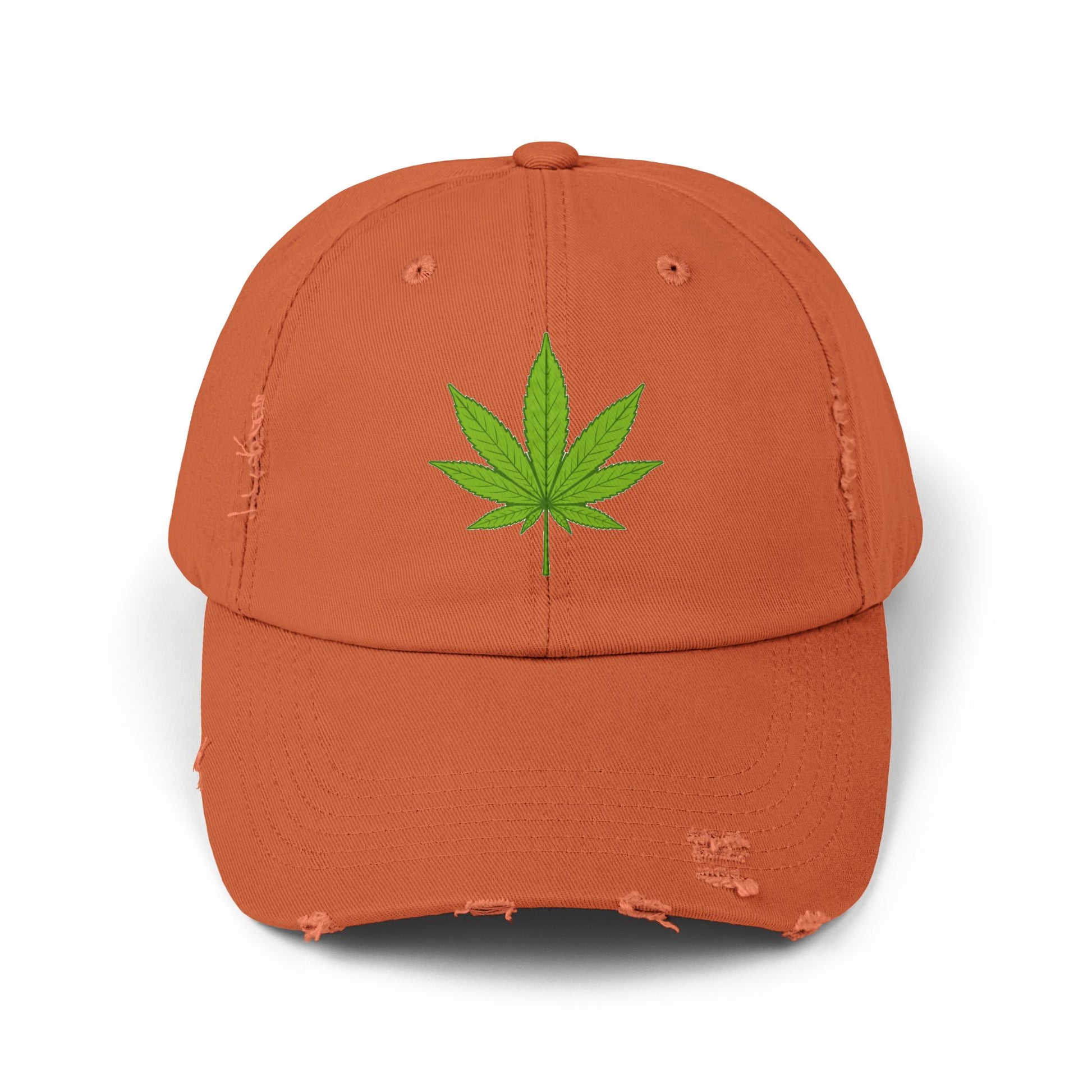 Distressed Black Cap with Green Cannabis Leaf Embroidery Hats Printify Burnt Orange One size