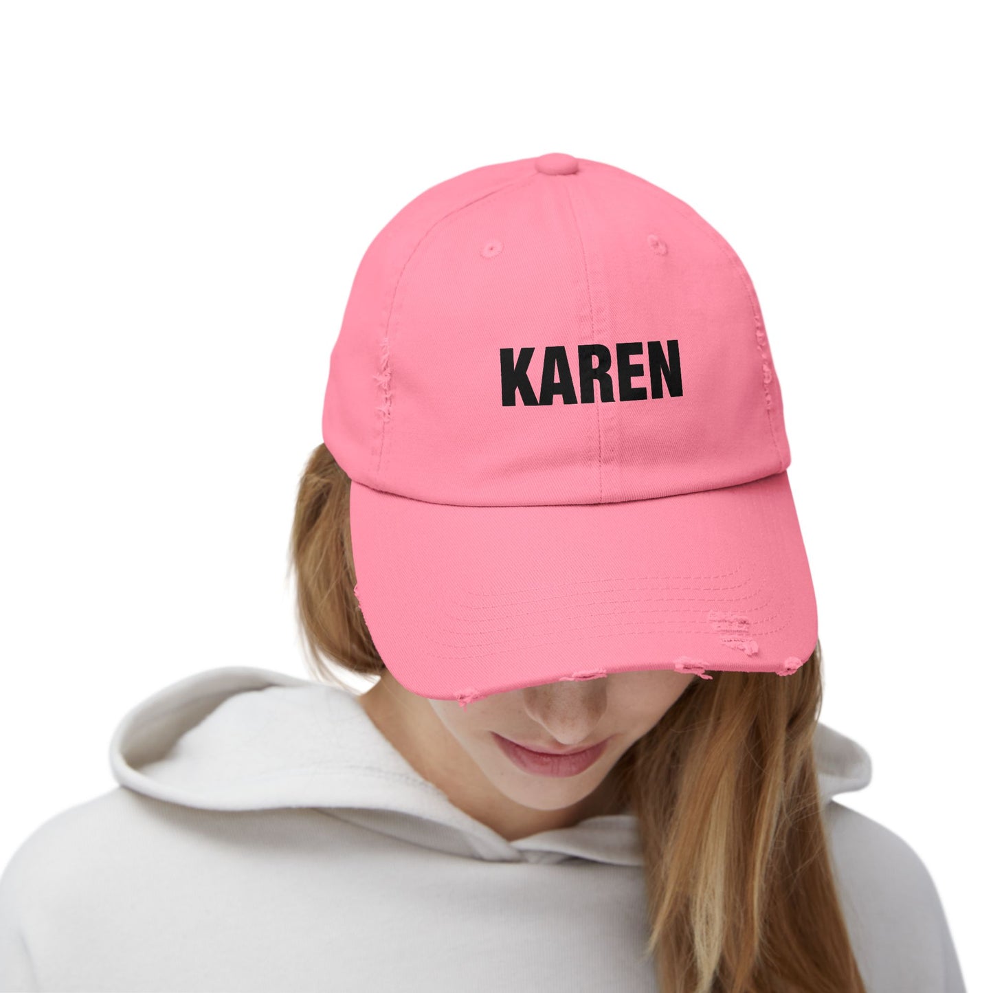 Distressed 'Karen' Baseball Cap — Black Embroidered Name Hat