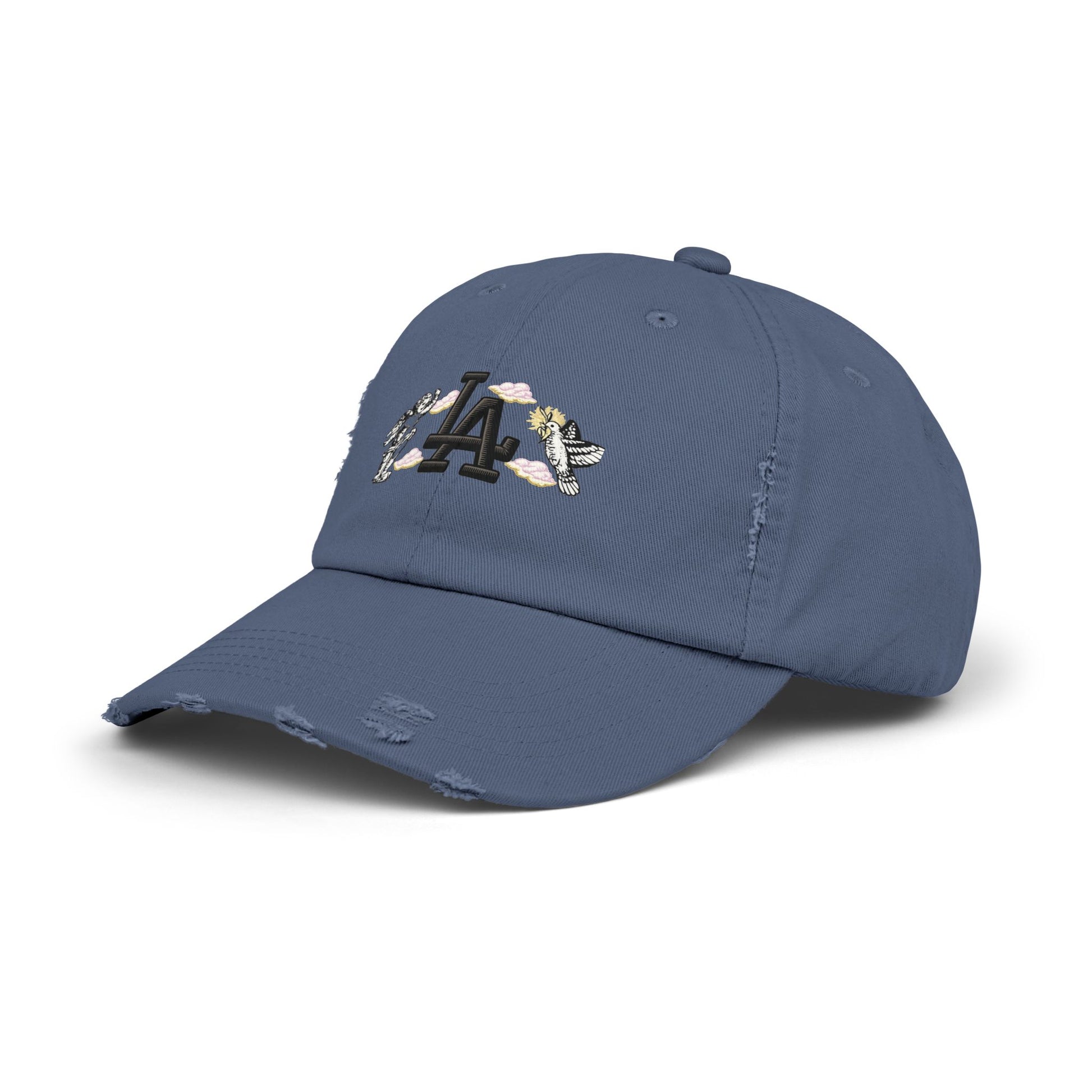 Distressed Baseball Cap — LA Logo with Angel Wings & Clouds Hats Printify