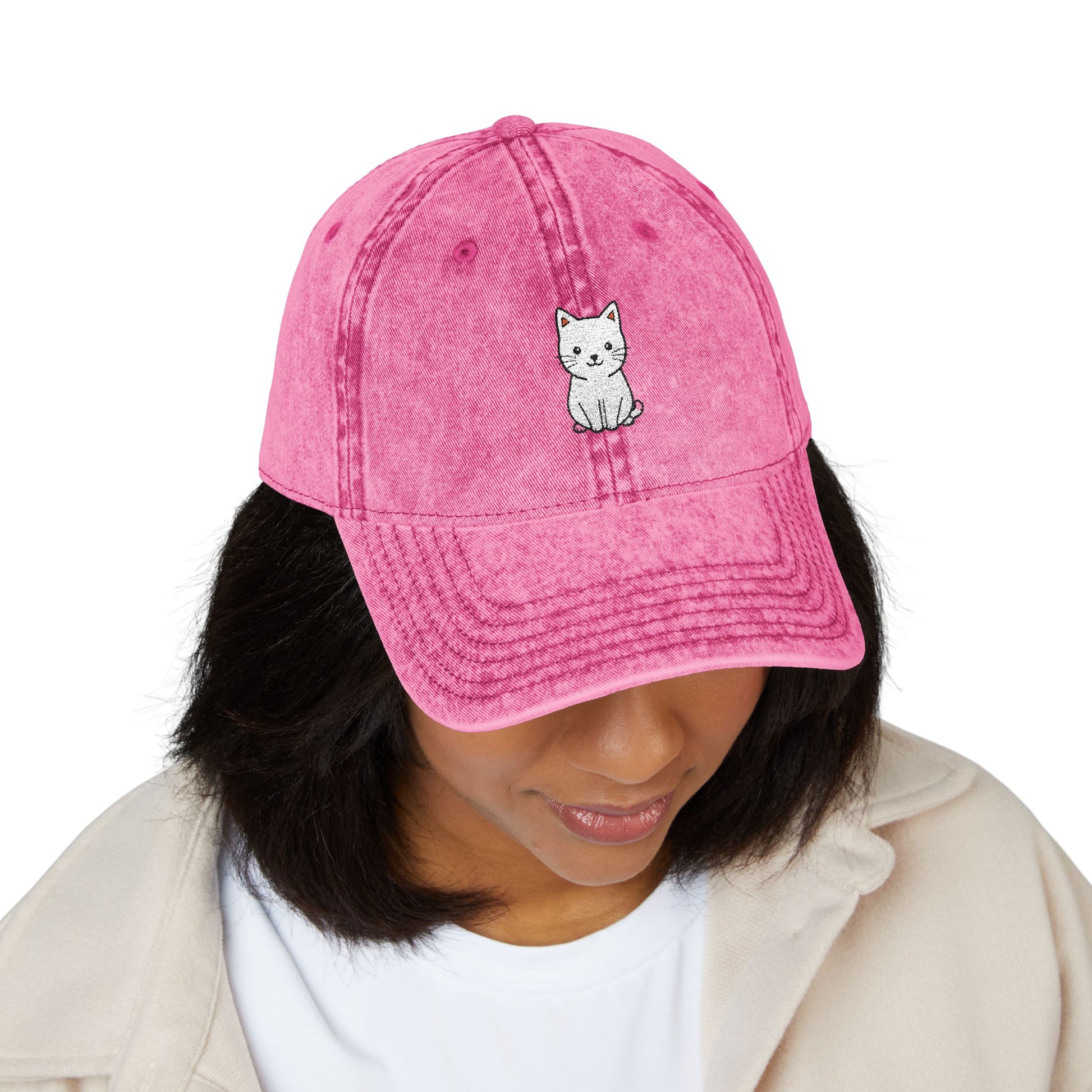 Vintage Embroidered Kitten Cap - Washed Red Dad Hat Hats Printify