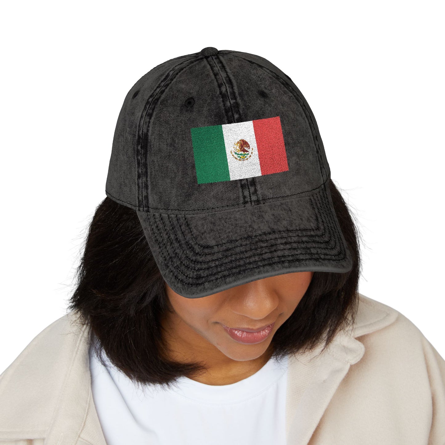 Vintage Mexican Flag Embroidered Cap — Distressed Gray Baseball Hat Hats Printify