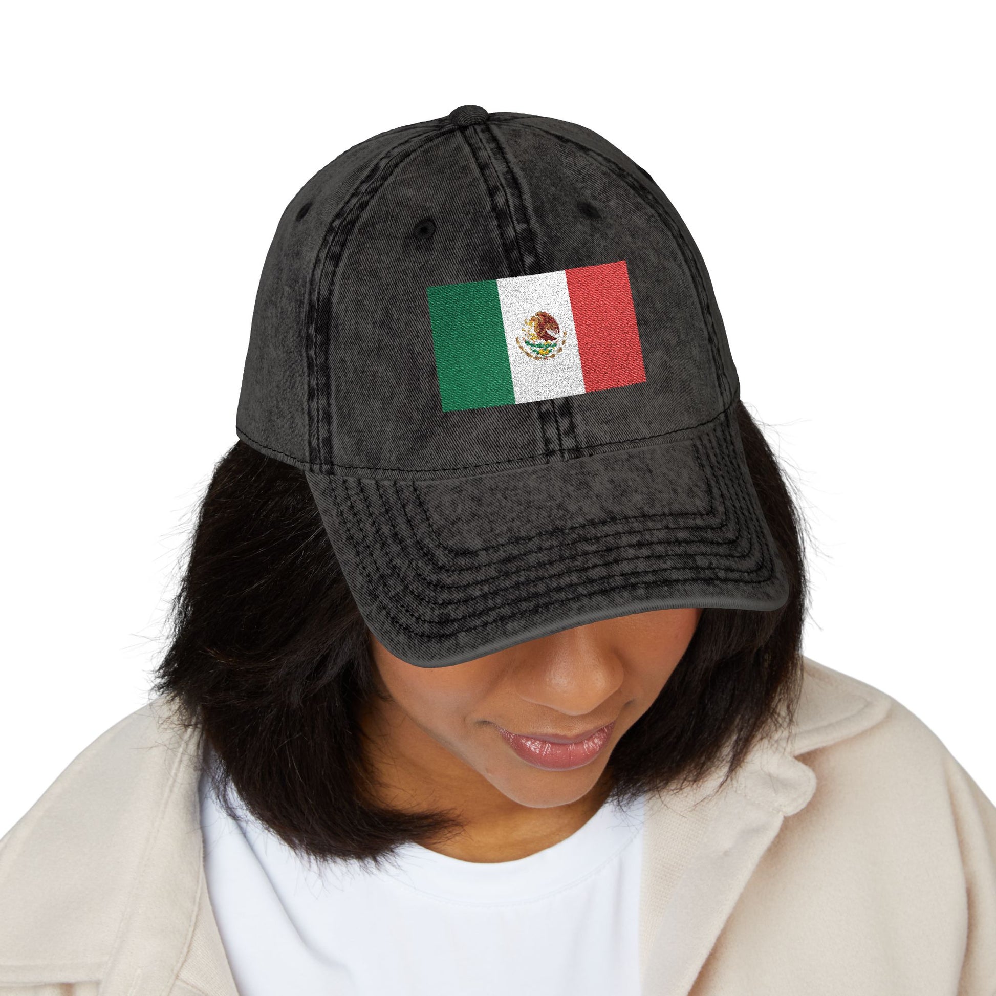 Vintage Mexican Flag Embroidered Cap — Distressed Gray Baseball Hat Hats Printify