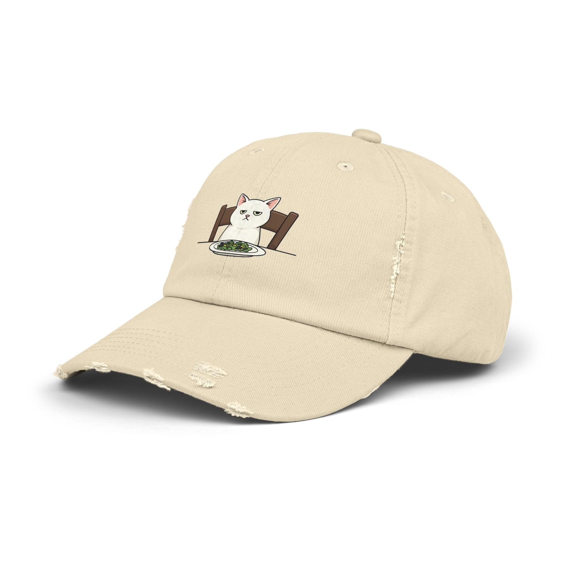 Distressed Cat At Dinner Cap — Cute White Cat Sitting at Table Baseball Hat Hats Printify