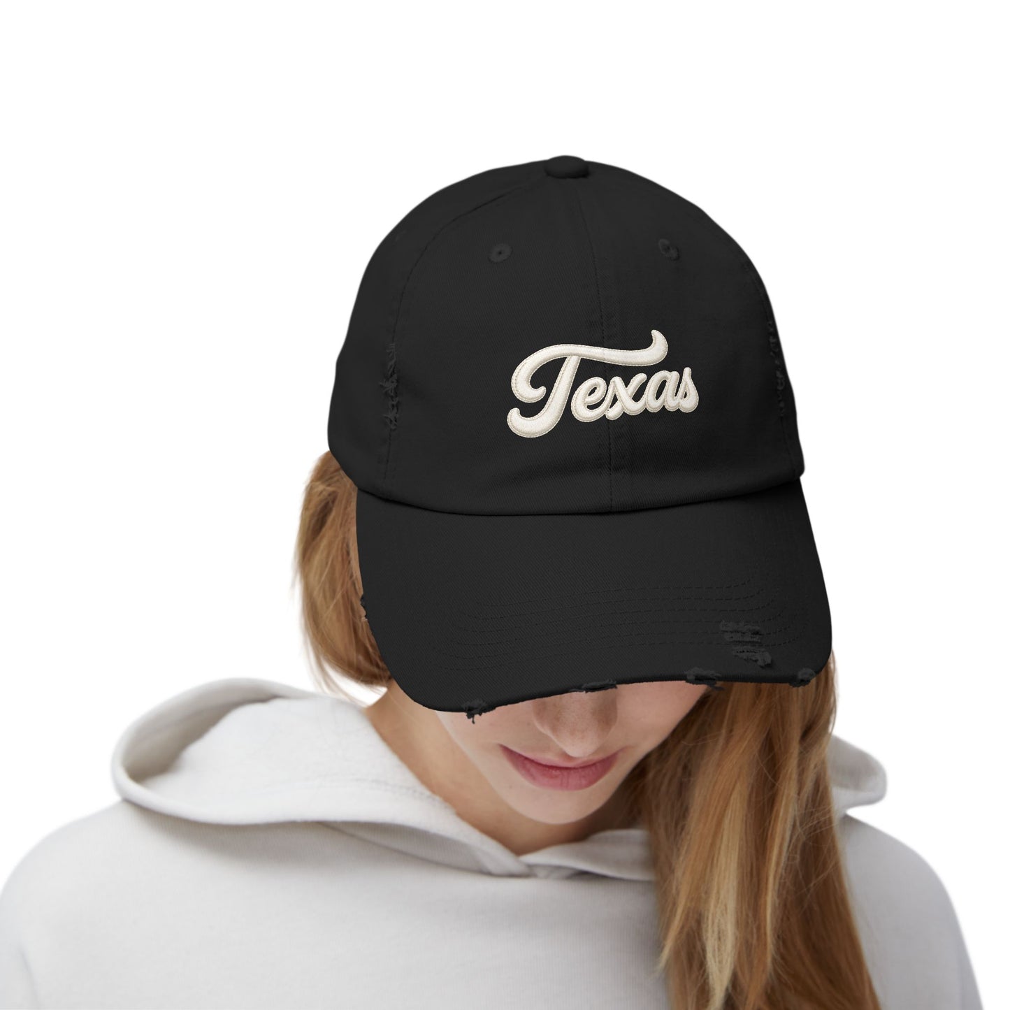 Texas Distressed Baseball Cap — Vintage Script Embroidered Hat Hats Printify