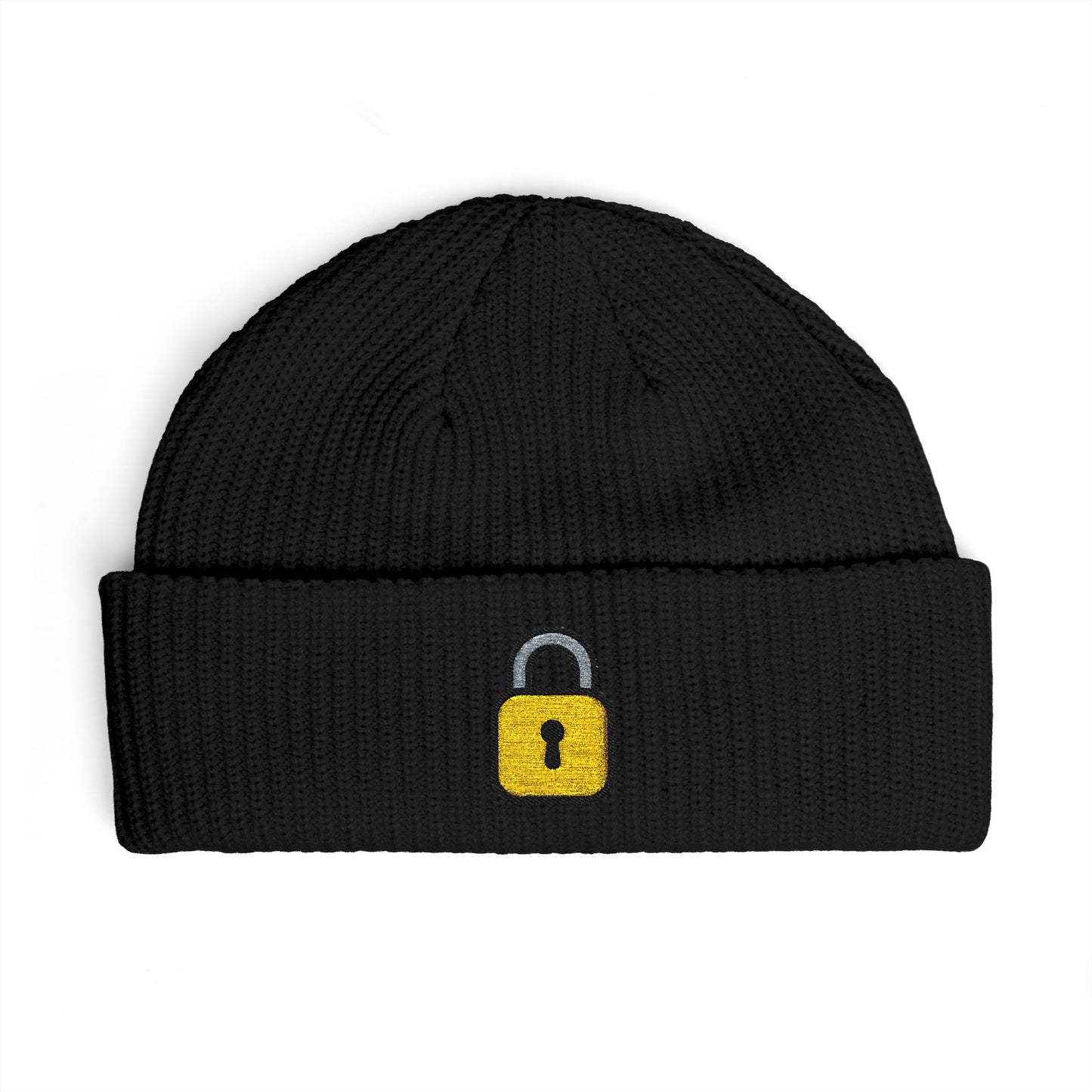 Embroidered Lock Cuff Beanie – Secure Padlock Knit Hat Hats Printify One size Black