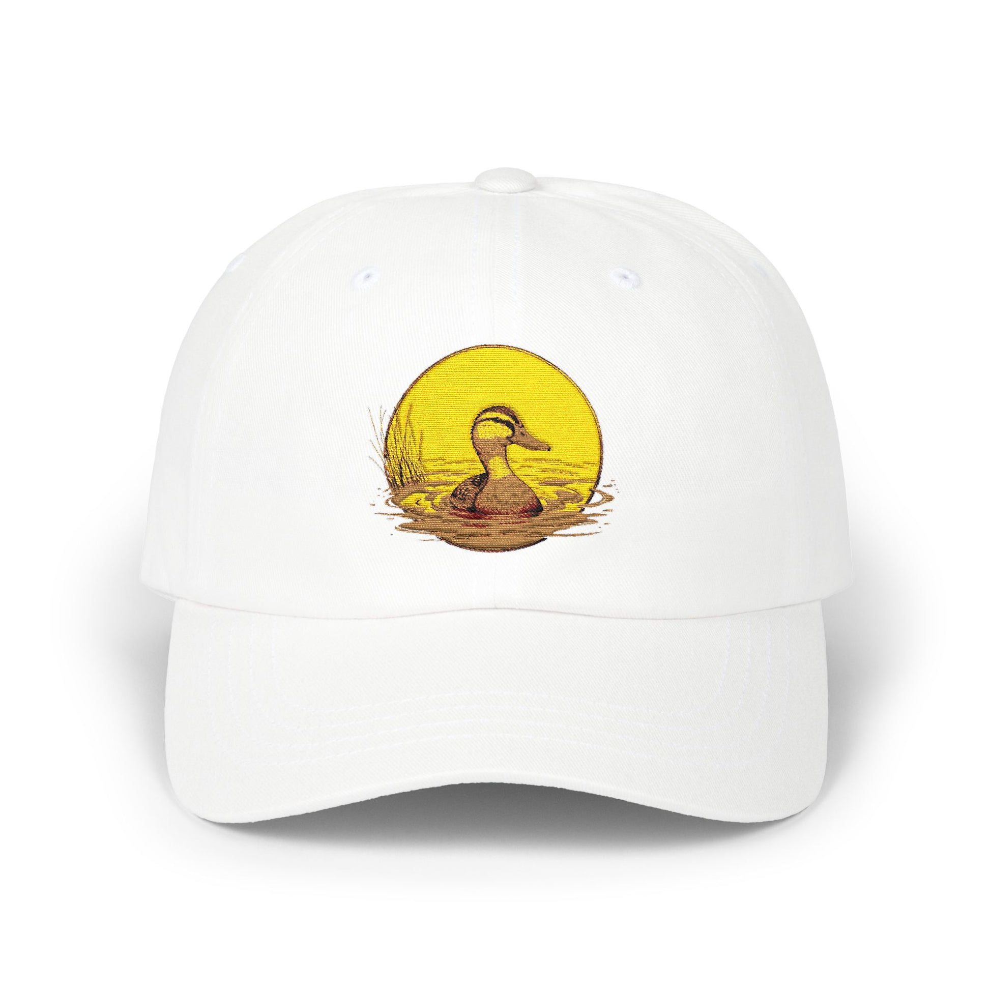 Duck Sunset Dad Cap — Embroidered Duck on Yellow Sun Baseball Hat Hats Printify White One size