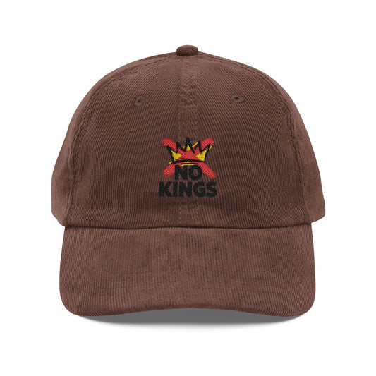 Vintage Corduroy Embroidered Cap — "No Kings" Crown Hat Hats Printify Dark Brown One size