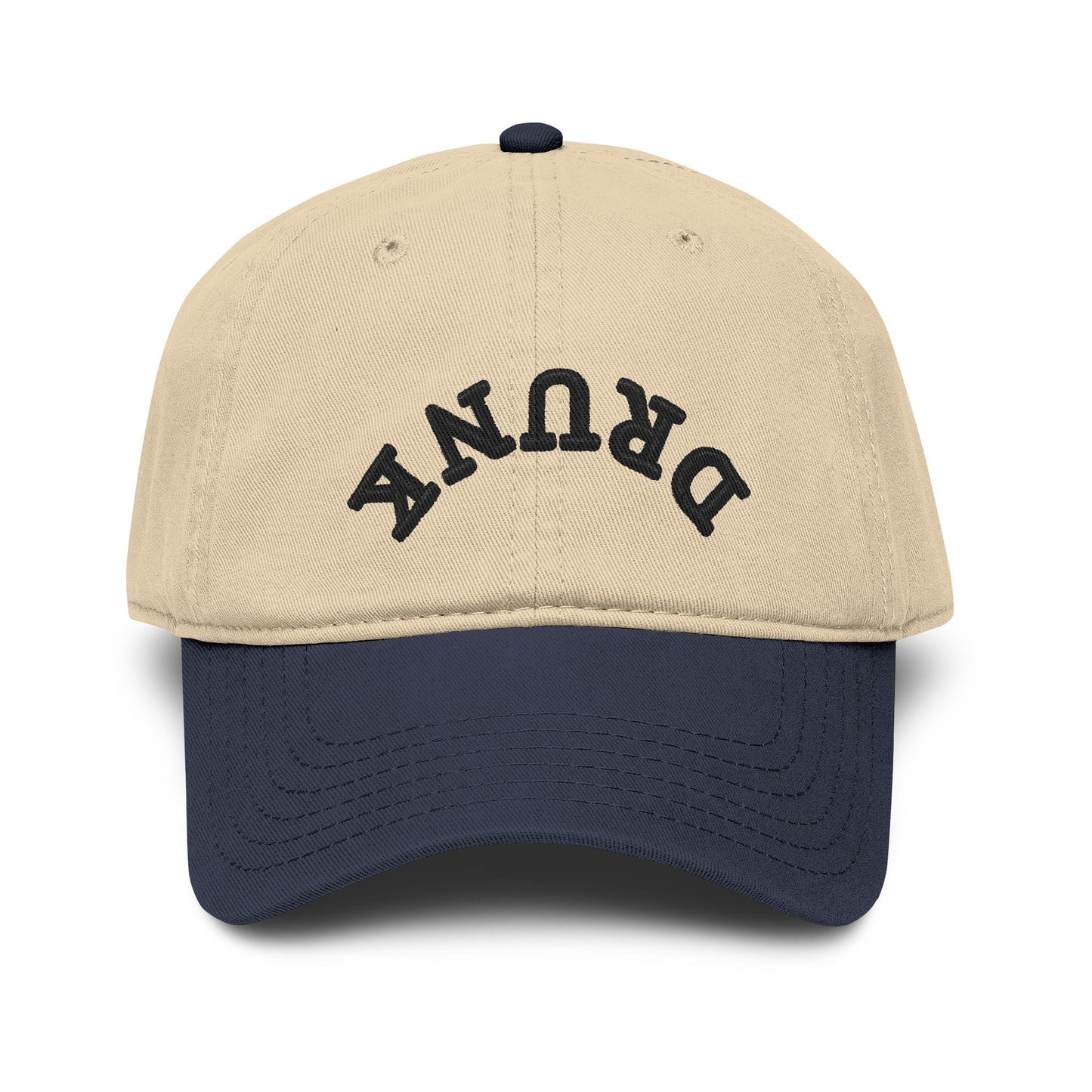 Washed Baseball Cap with 'DRUNK' Embroidered Arch – Vintage Distressed Dad Hat