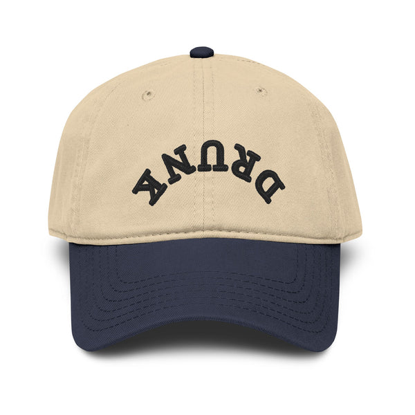 Washed Baseball Cap with 'DRUNK' Embroidered Arch – Vintage Distressed Dad Hat Hats Printify
