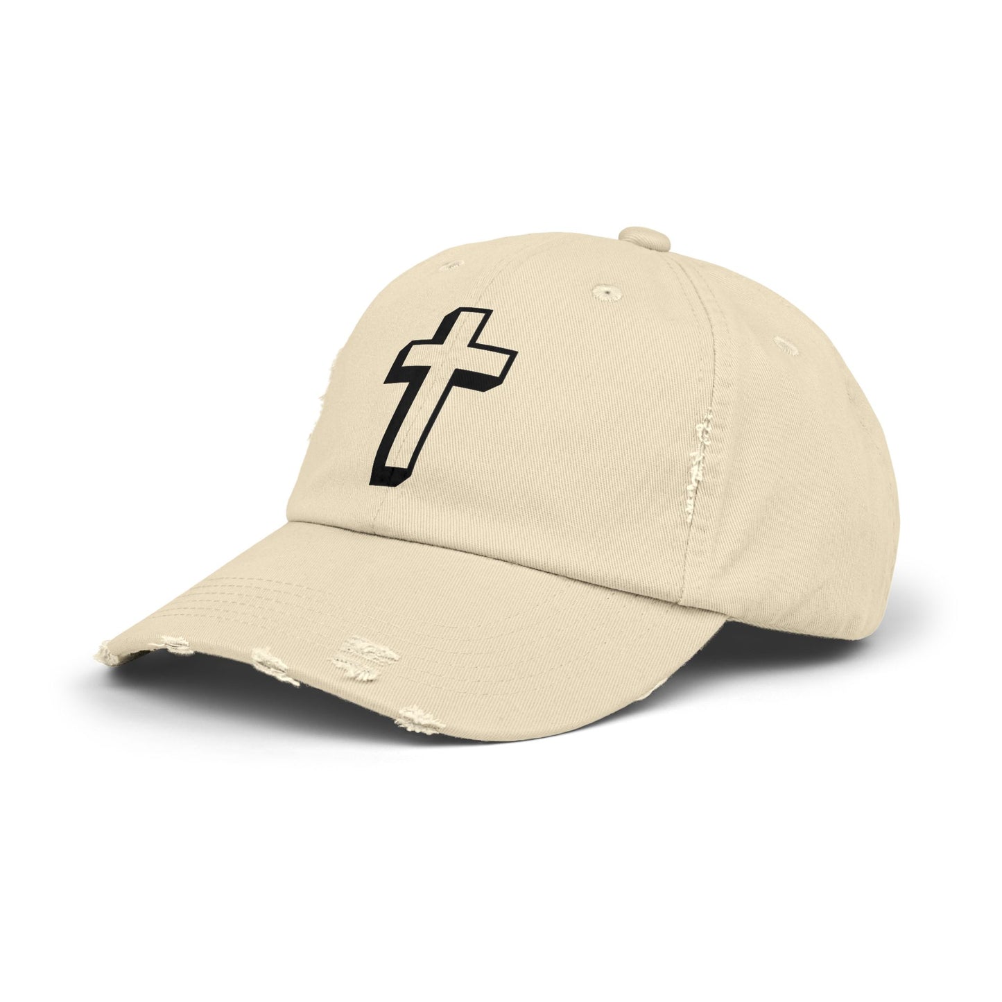 Distressed Black Cross Cap — Vintage Christian Baseball Hat Hats Printify