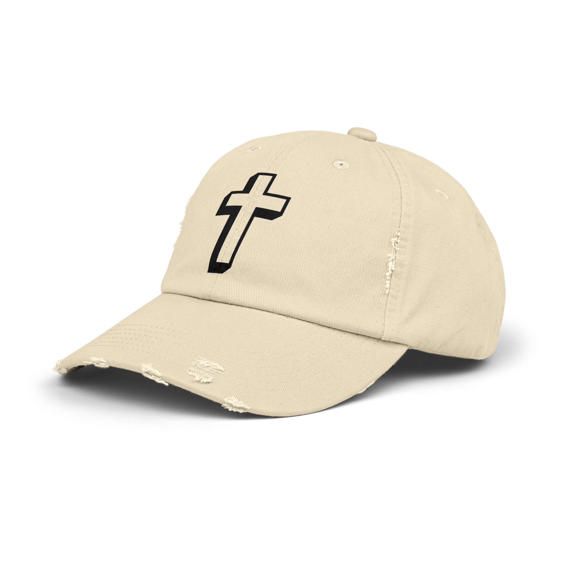 Distressed Black Cross Cap — Vintage Christian Baseball Hat Hats Printify
