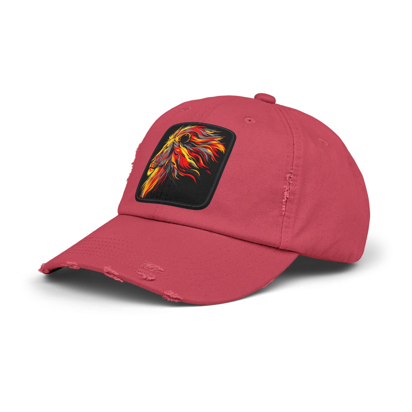 Distressed Cap — Vibrant Flame Lion Embroidered Baseball Hat
