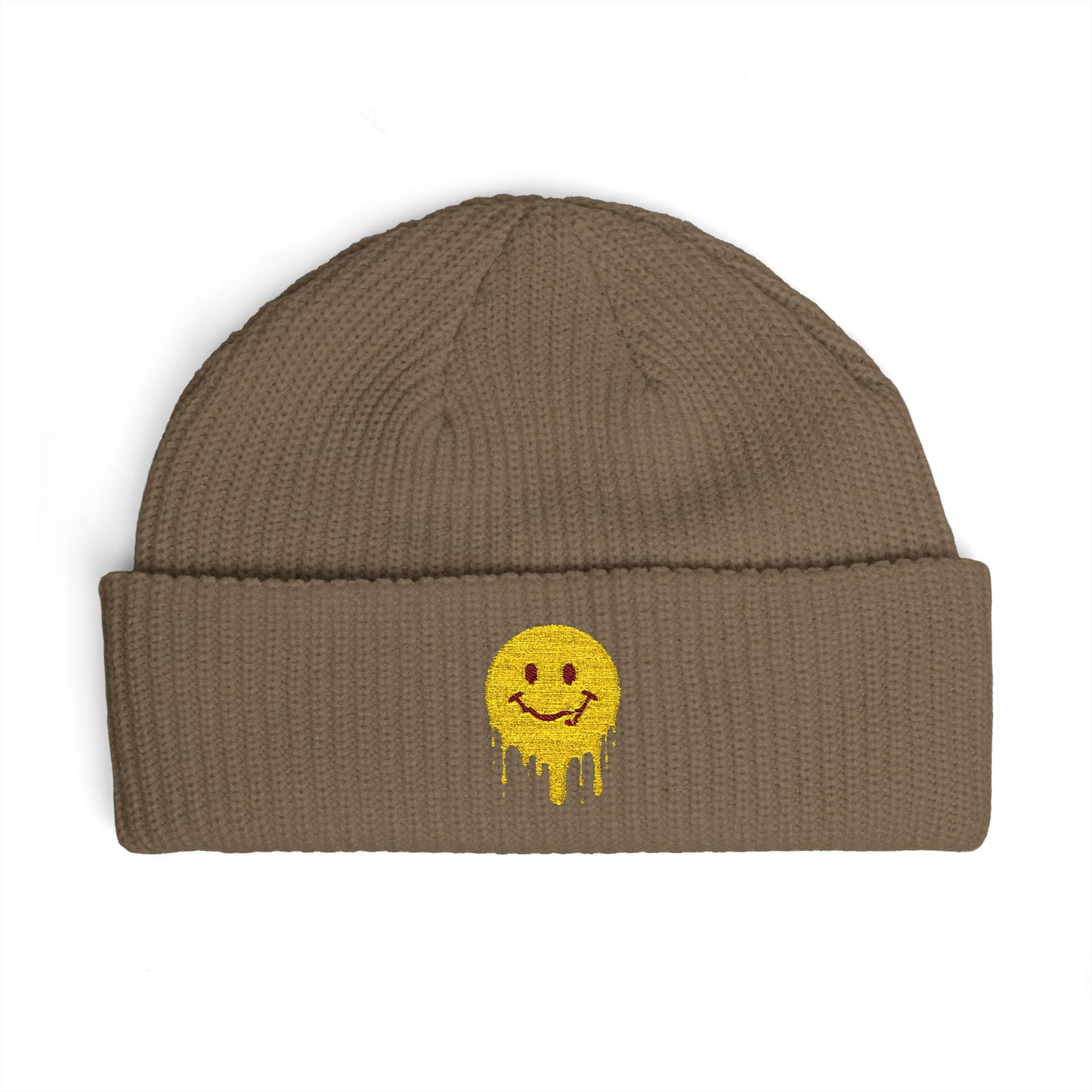 Dripping Smiley Cuff Beanie — Cozy Knit Hat with Yellow Drip Emoji Embroidery Hats Printify One size Walnut