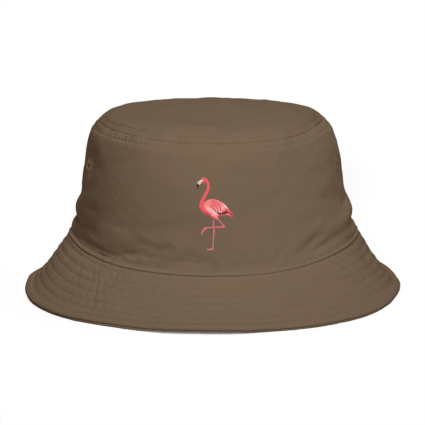 Flamingo Embroidered Bucket Hat — Brown Tropical Summer Sun Hat Hats Printify