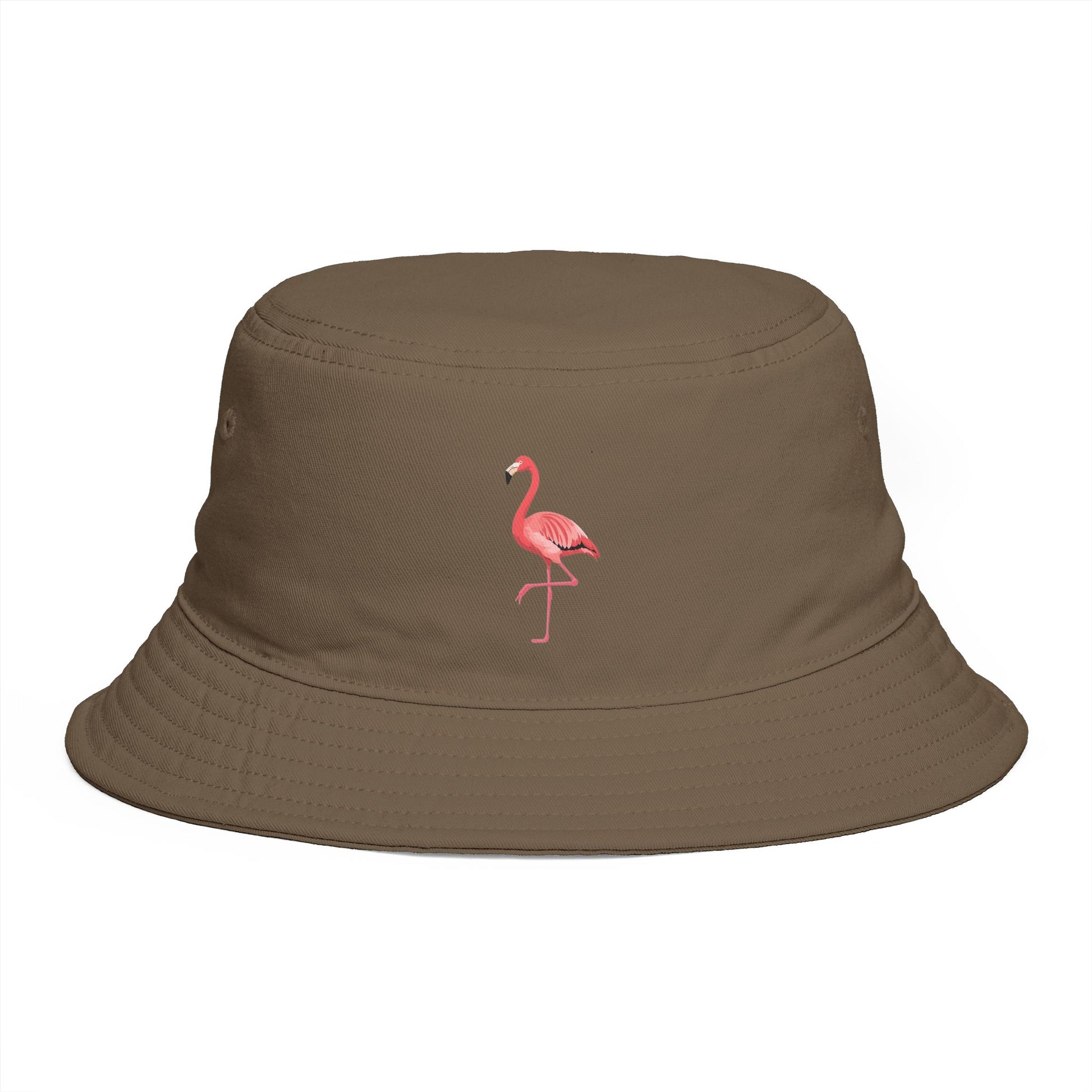Flamingo Embroidered Bucket Hat — Brown Tropical Summer Sun Hat Hats Printify