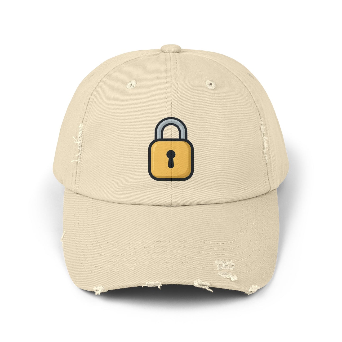 Padlock Distressed Cap — Minimal Lock Embroidered Baseball Hat Hats Printify Stone One size
