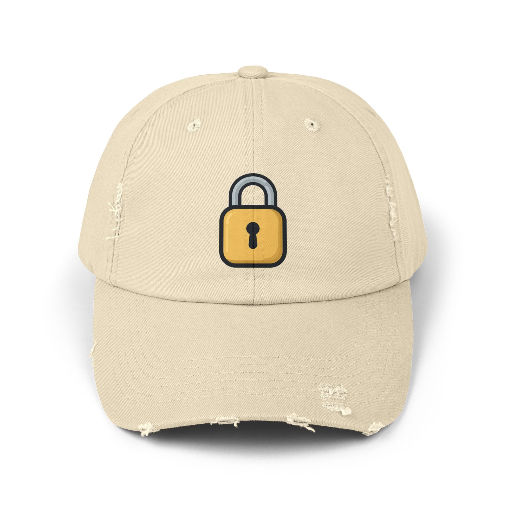 Padlock Distressed Cap — Minimal Lock Embroidered Baseball Hat Hats Printify Stone One size