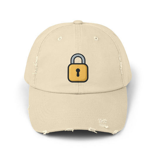 Padlock Distressed Cap — Minimal Lock Embroidered Baseball Hat Hats Printify Stone One size