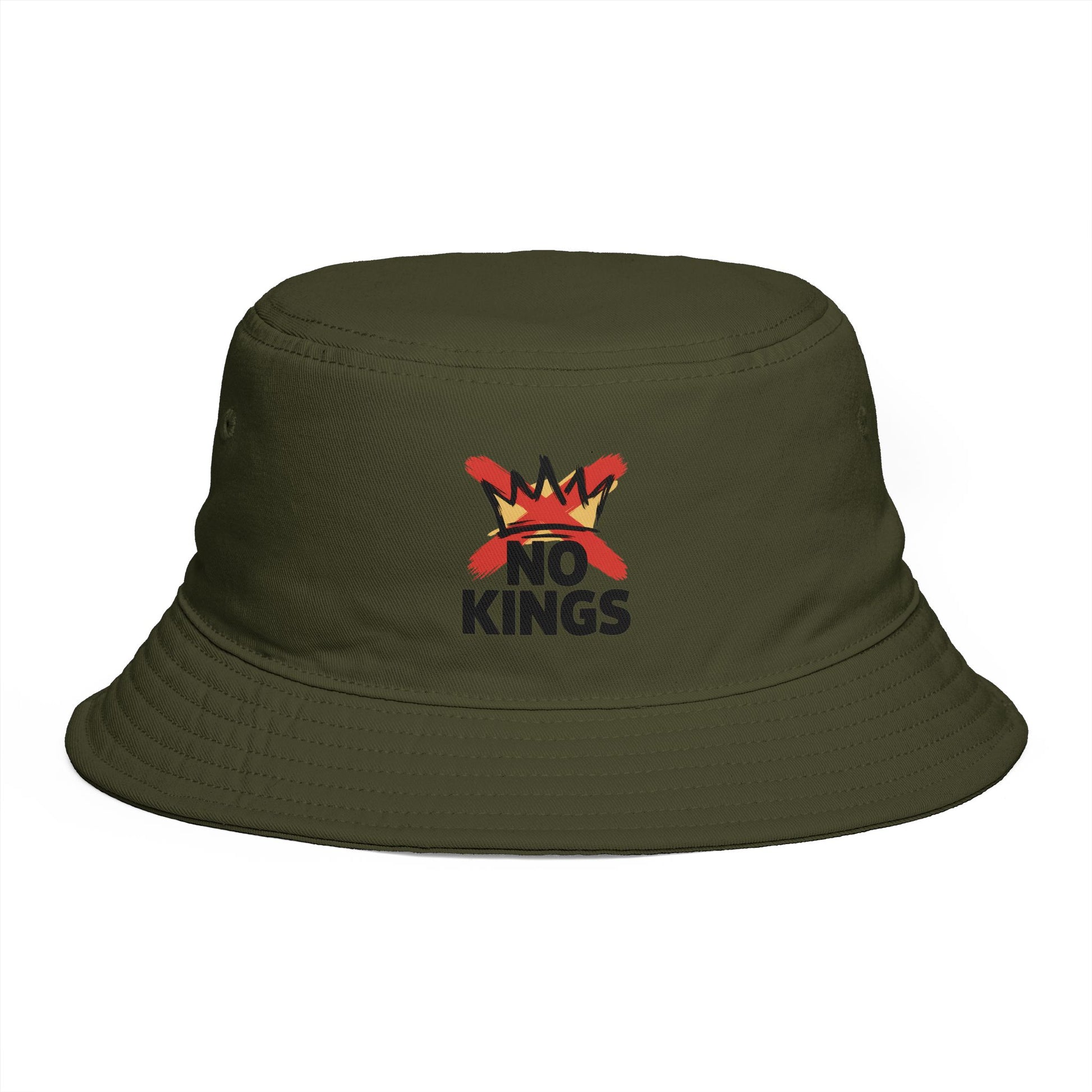 No Kings Bucket Hat — Rebellious Crown Graphic Cotton Bucket Hat Hats Printify One size Army