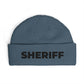 Cuff Beanie - 'SHRIFF' Embroidered Knit Hat (Festive Green-Gold Lettering) Hats Printify One size Petrol Blue