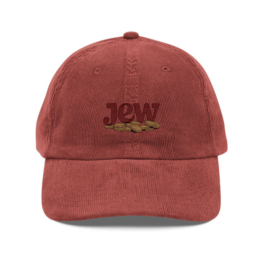 Vintage Corduroy Baseball Cap — Embroidered 'JOY' Leaf Accent, Rustic Fall Hat Hats Printify