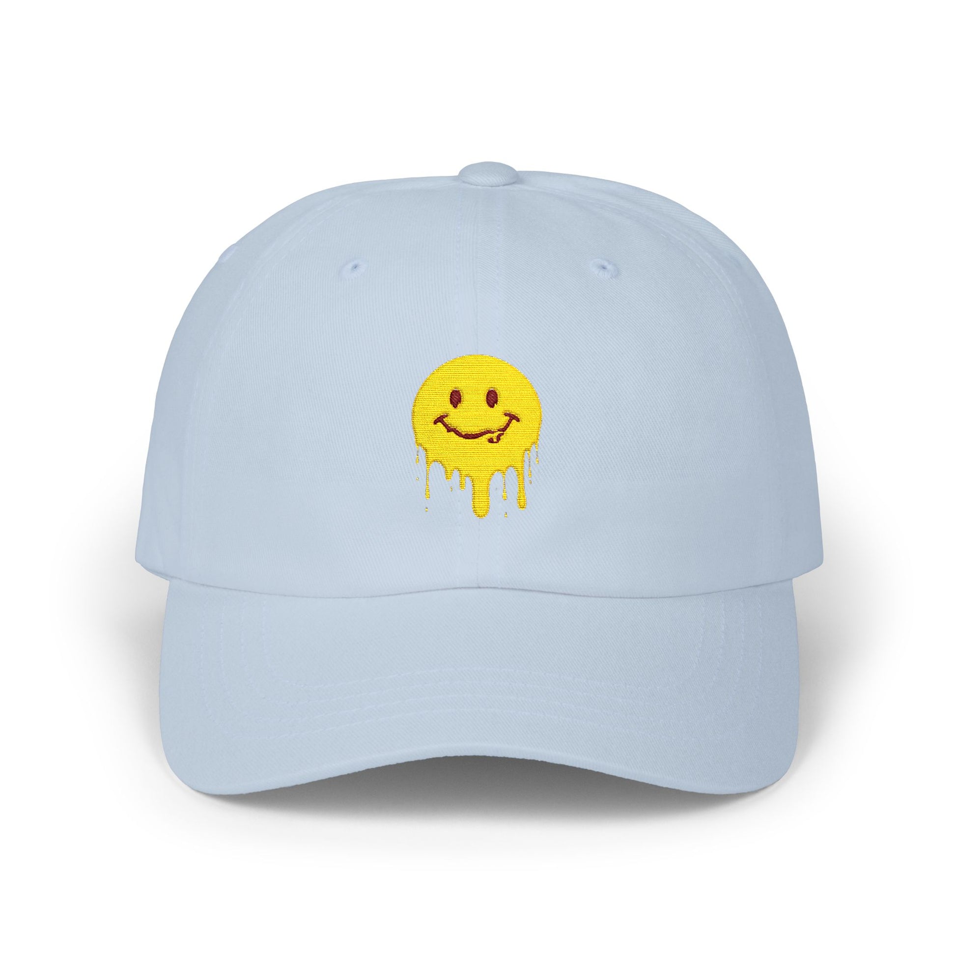 Smiling Melt Dad Cap — Dripping Smiley Embroidered Baseball Hat Hats Printify Light Blue One size