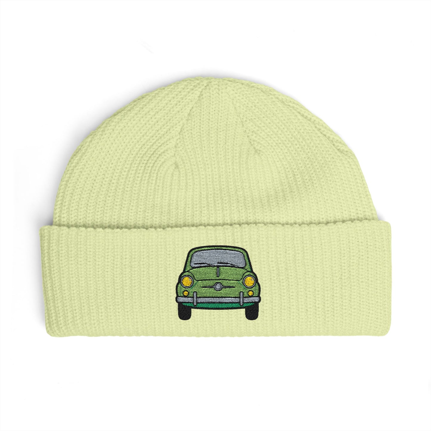 Cuff Beanie — Retro Green Car Embroidered Knit Hat Hats Printify