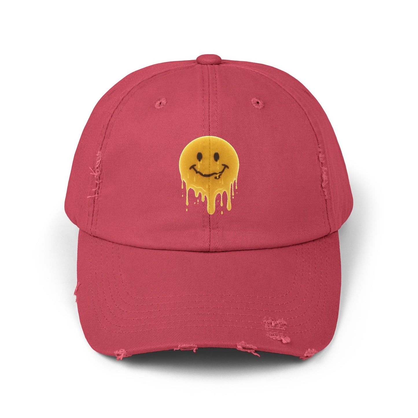 Distressed Melting Smiley Cap — Grunge Drip Dad Hat Hats Printify Dashing Red One size