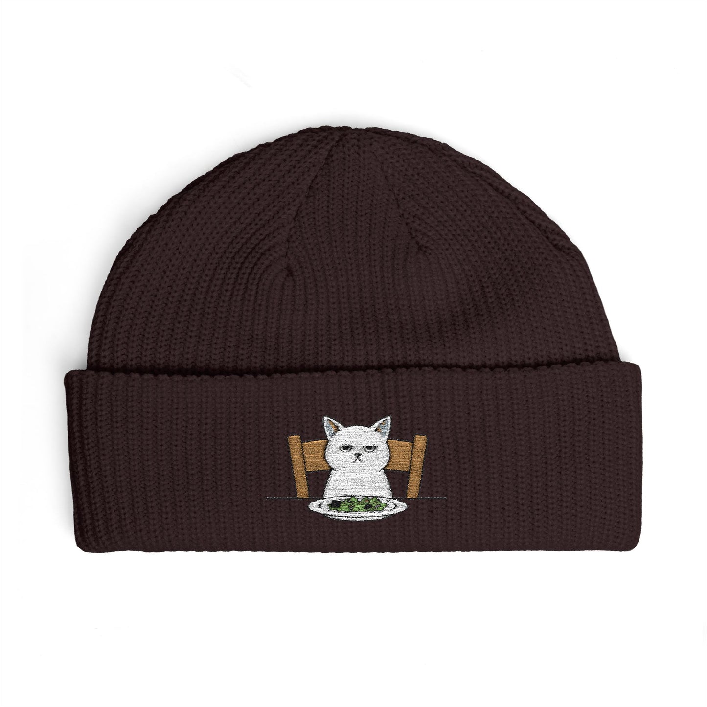 Cuffed Beanie with Embroidered White Cat on Chair – Cozy Cute Winter Hat Hats Printify One size Plum