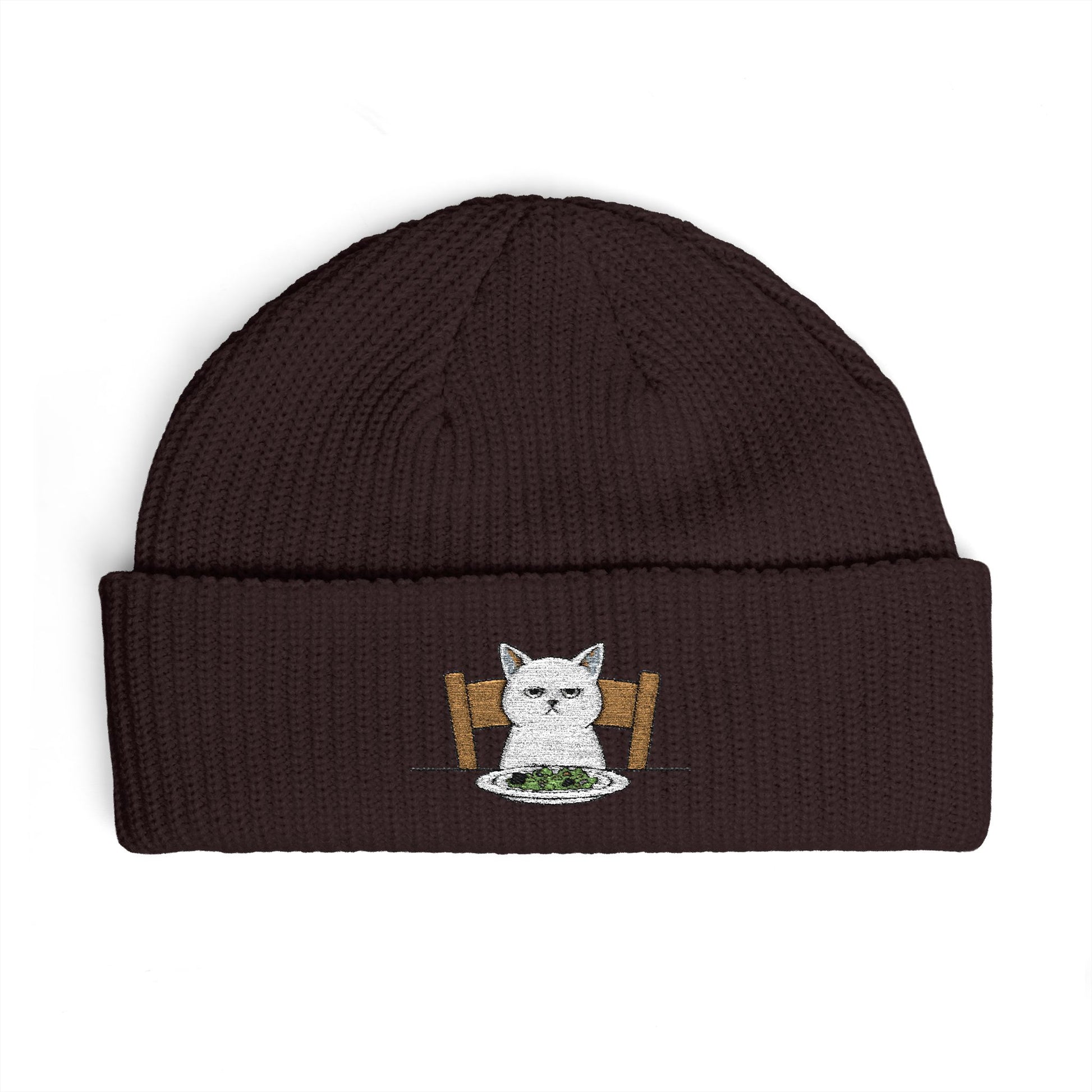 Cuffed Beanie with Embroidered White Cat on Chair – Cozy Cute Winter Hat Hats Printify One size Plum