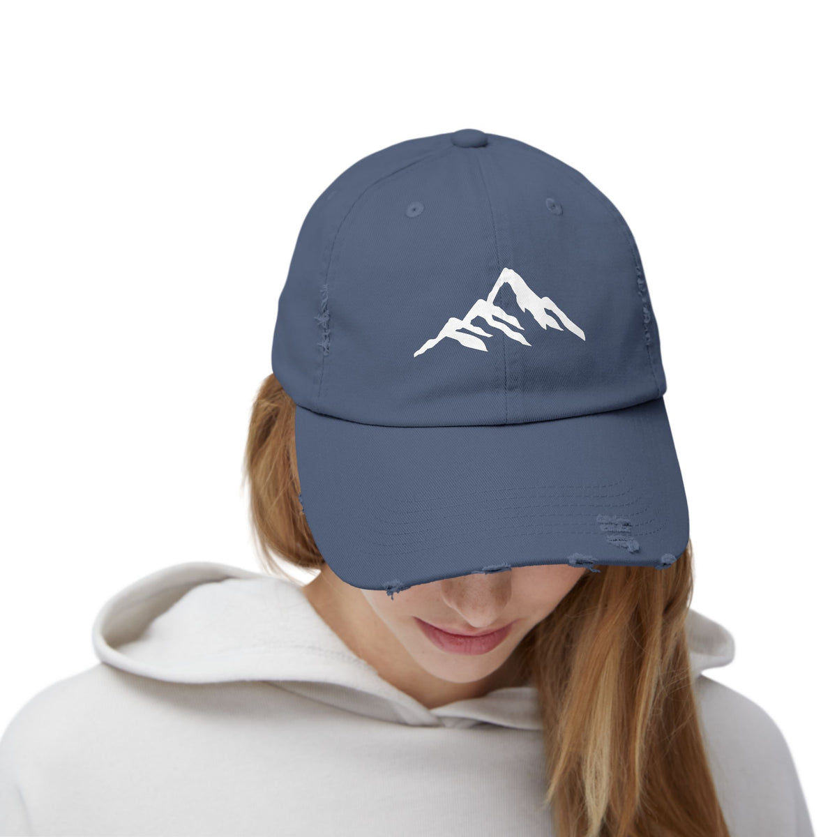 Distressed Mountain Hat — Minimal White Peak Embroidered Cap