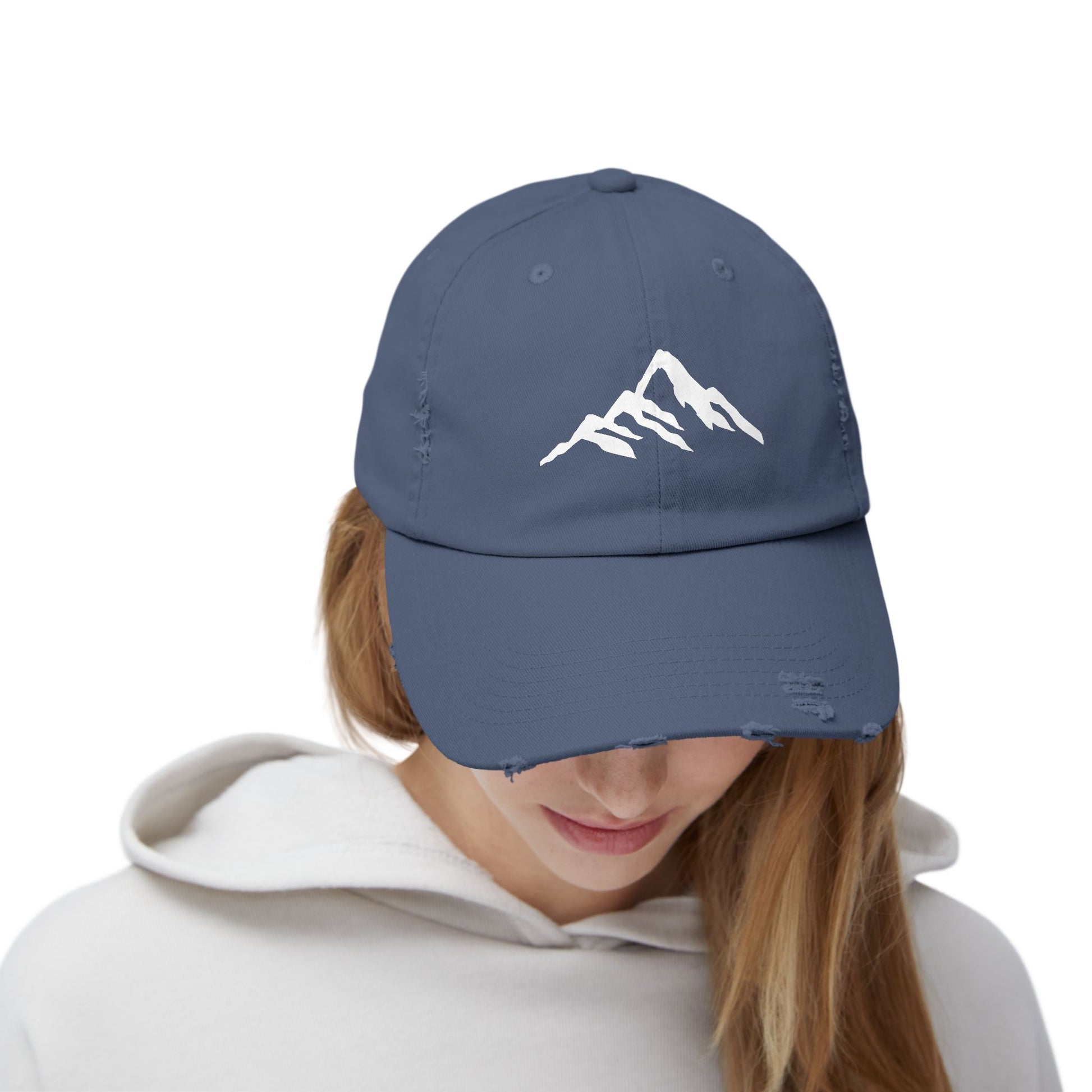 Distressed Mountain Hat — Minimal White Peak Embroidered Cap