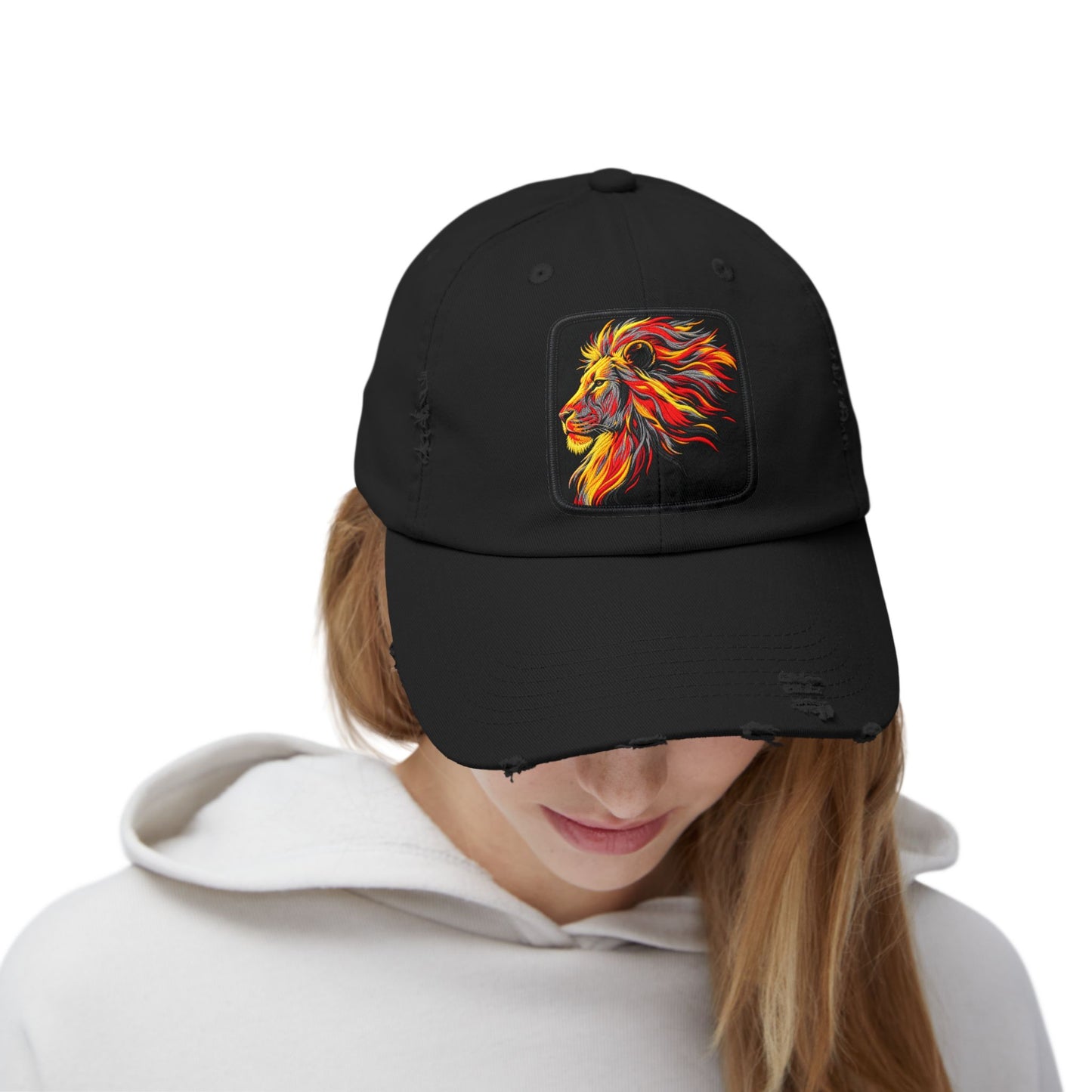 Distressed Cap — Vibrant Flame Lion Embroidered Baseball Hat Hats Printify